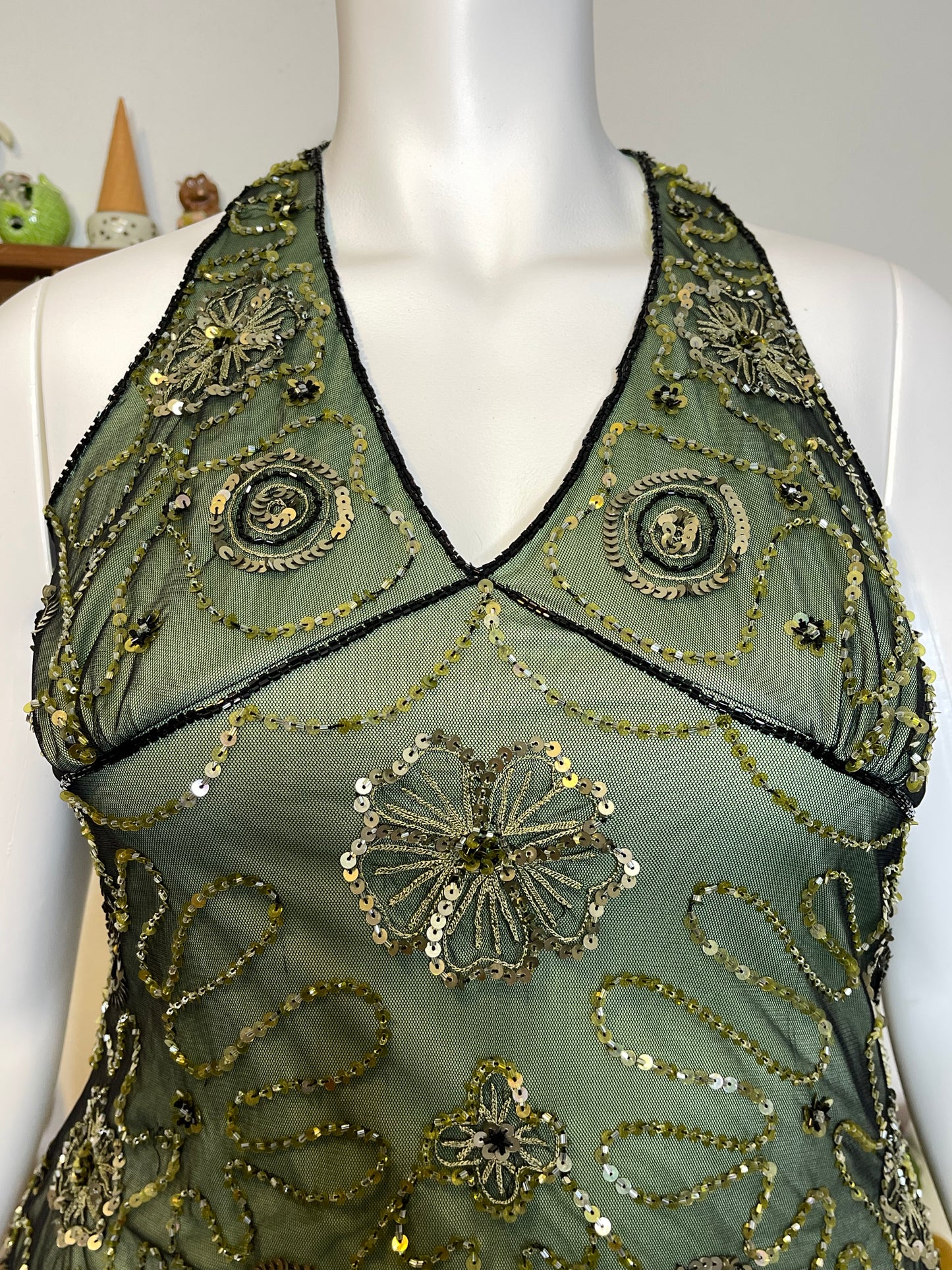 Vintage 2000s Green Beaded & Sequin Mesh Halter Top Sz L