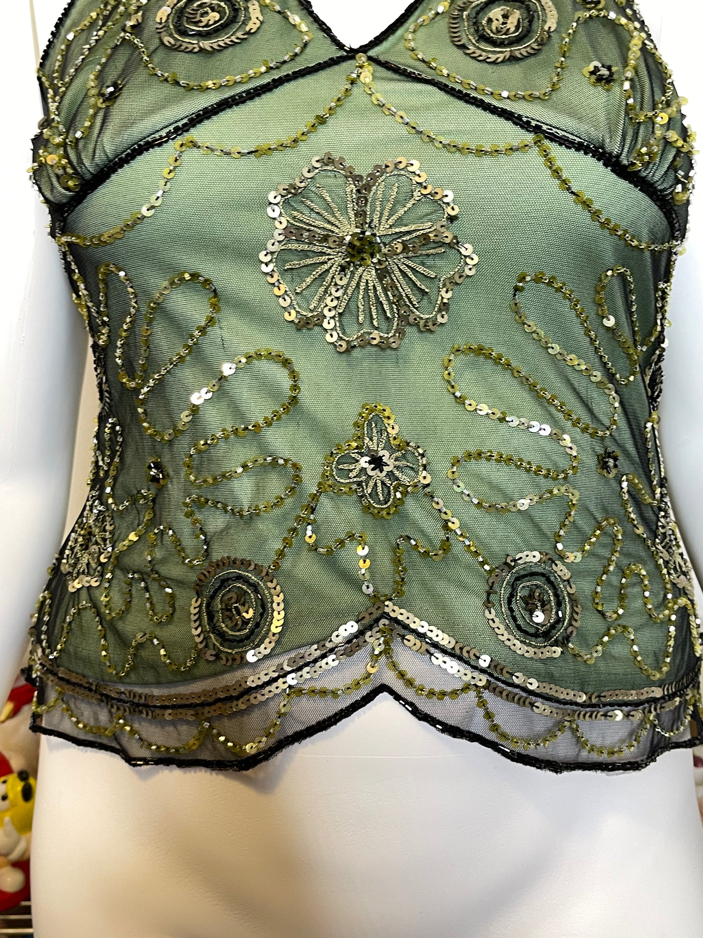 Vintage 2000s Green Beaded & Sequin Mesh Halter Top Sz L
