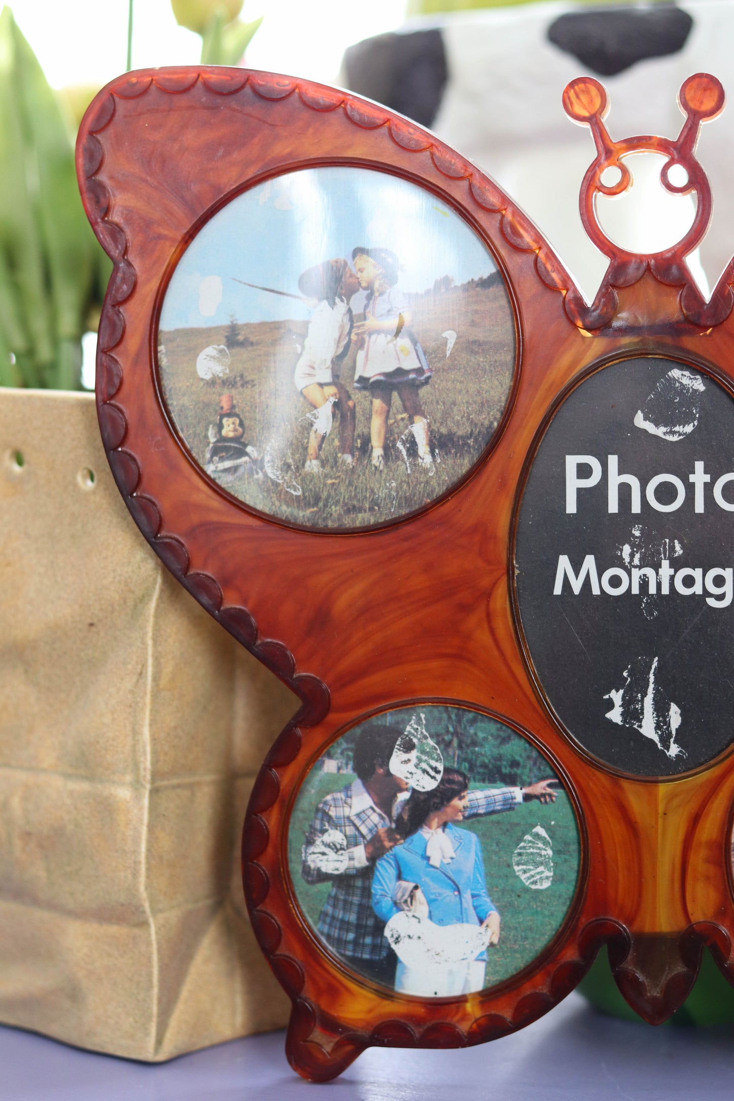 Vintage 70s 80s Tortoise Shell Butterfly Shaped Multi-Photo Picture Frame