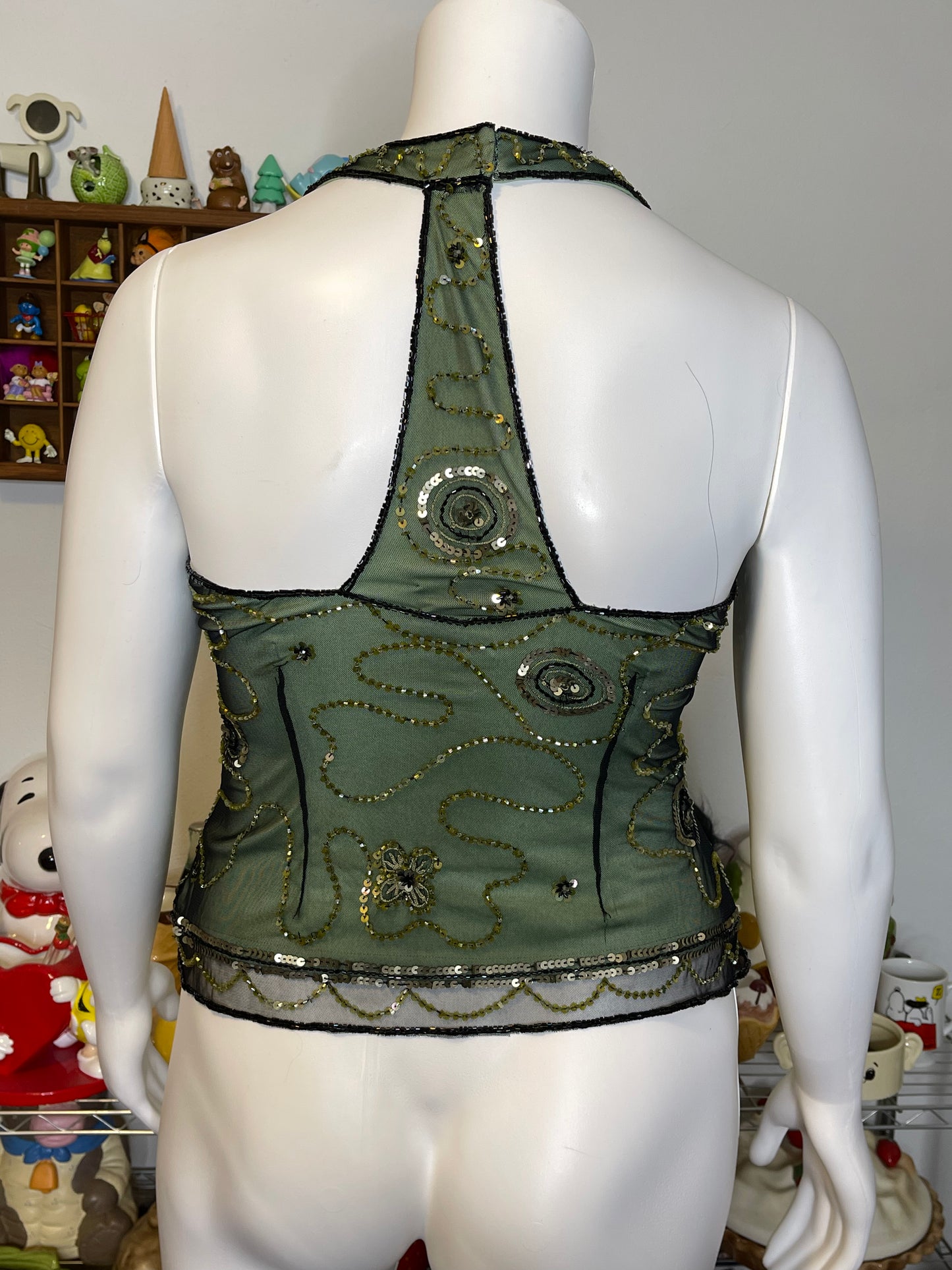 Vintage 2000s Green Beaded & Sequin Mesh Halter Top Sz L