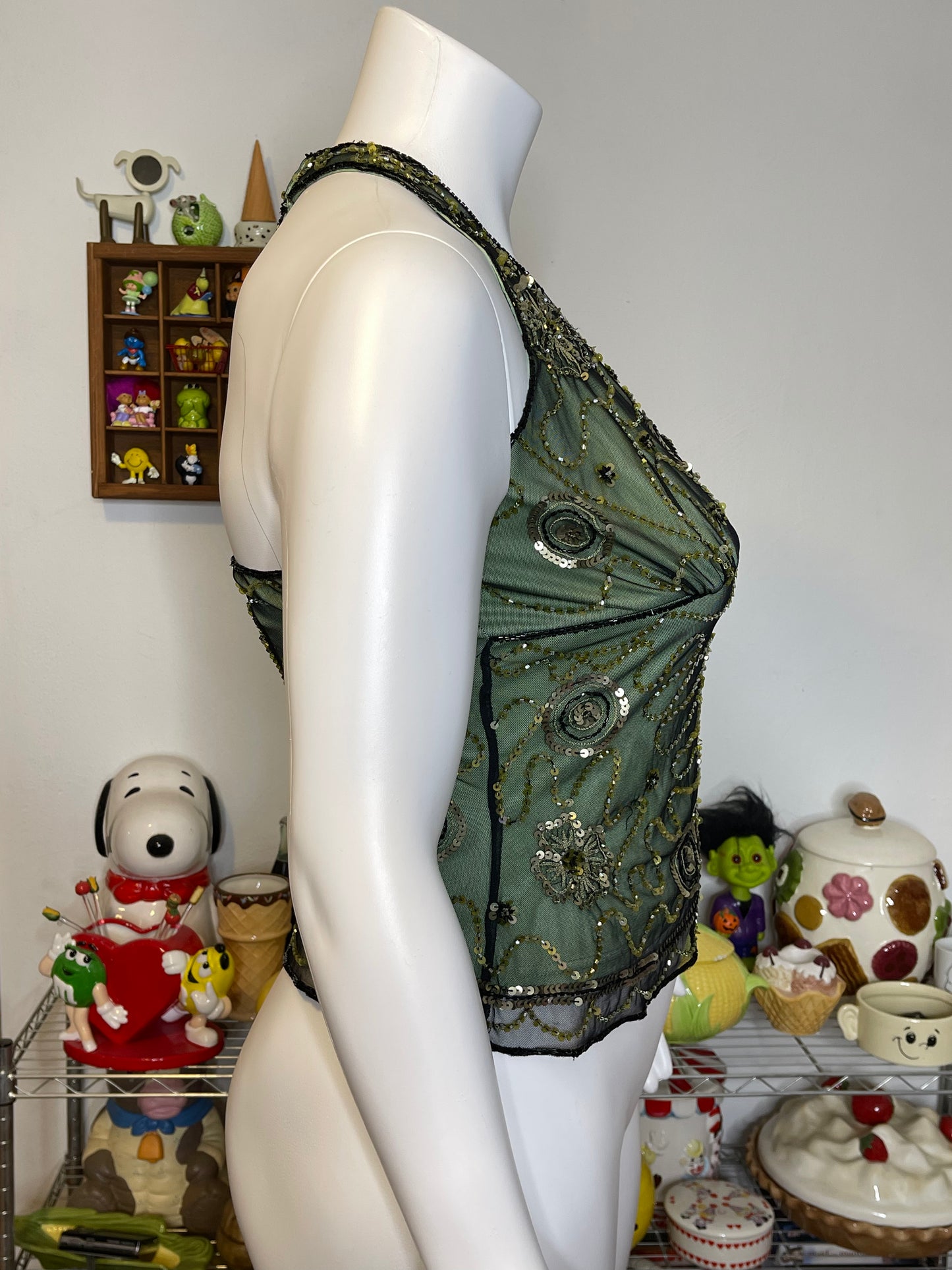 Vintage 2000s Green Beaded & Sequin Mesh Halter Top Sz L