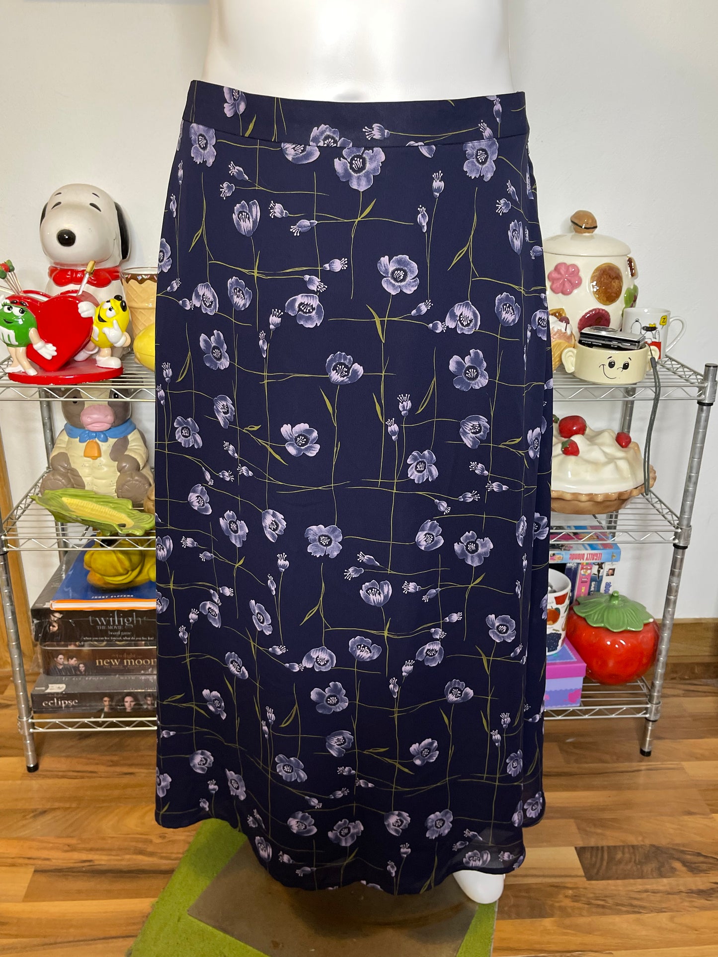 Vintage Plus Size Navy Blue Flower Print Maxi Skirt Sz 20W/22W