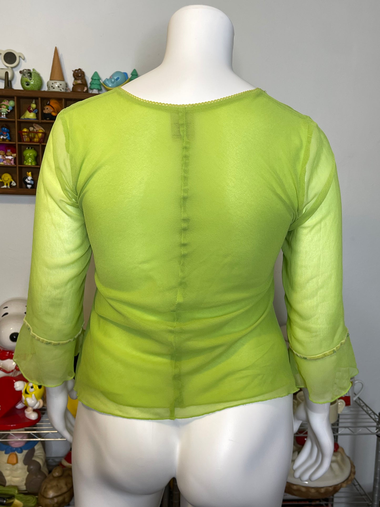 2000s Beaded Sheer Green V-Neck Style Top Sz L/XL