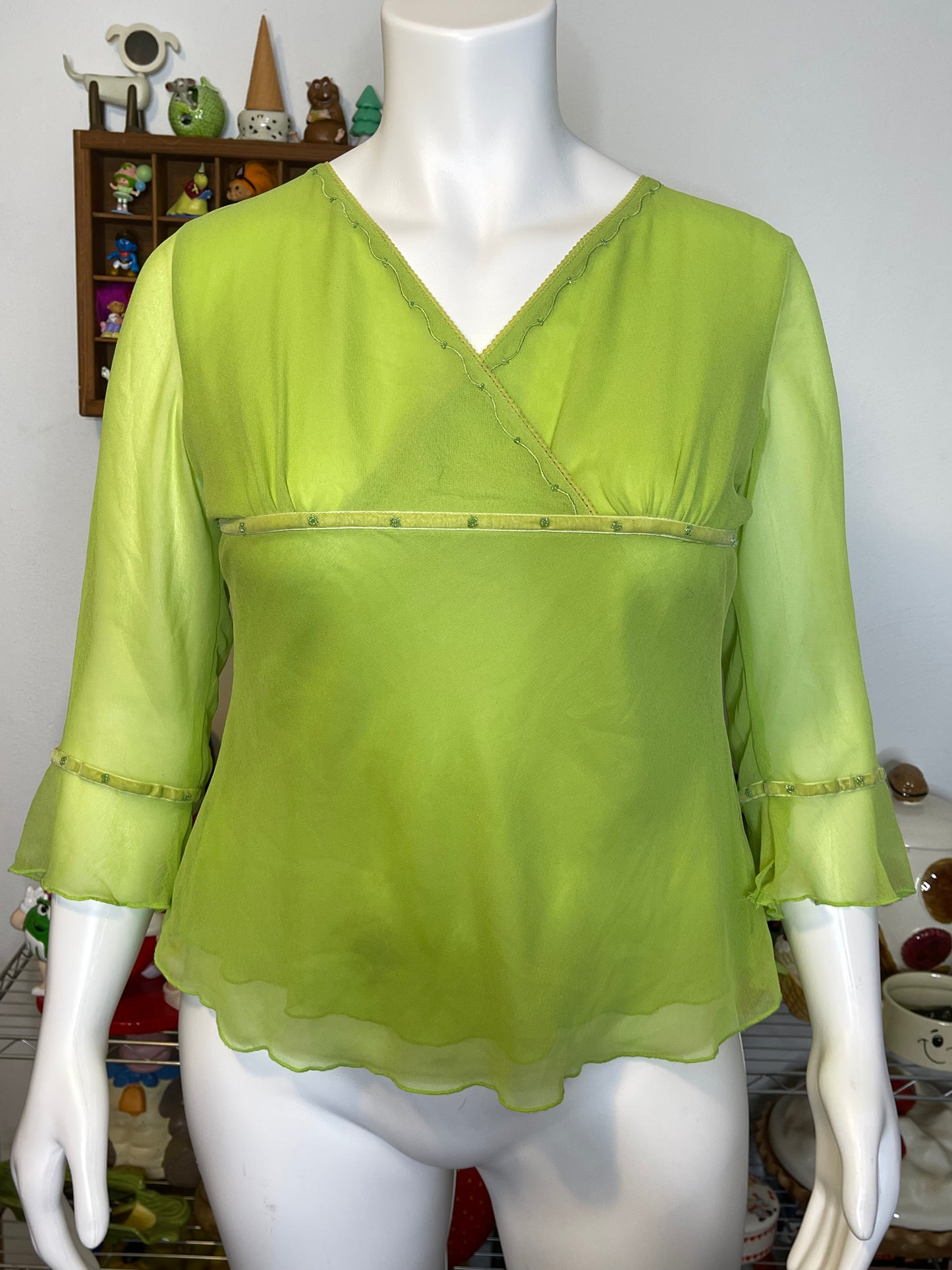 2000s Beaded Sheer Green V-Neck Style Top Sz L/XL