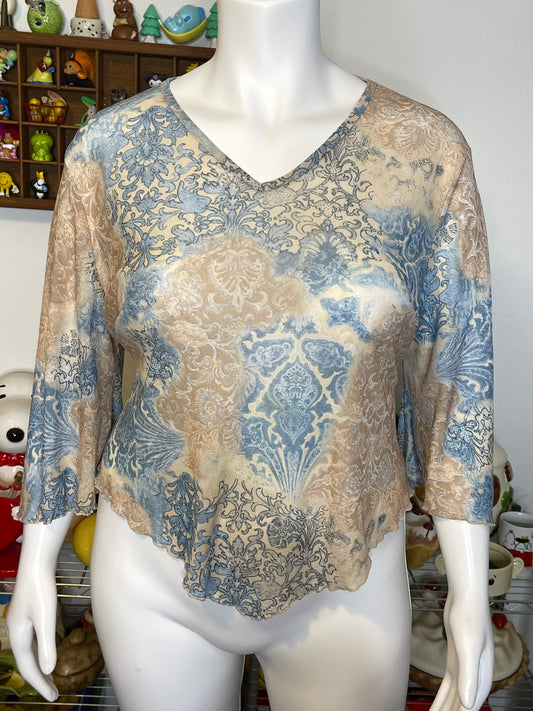 Vintage 2000s Paisley Print Mirco Mesh Wide Sleeve Top Sz 2X