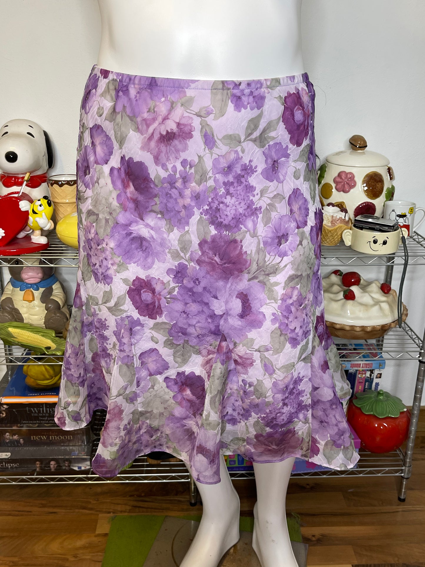 Vintage Purple Crinkly Sheer Floral Midi Skirt Sz 14 XL