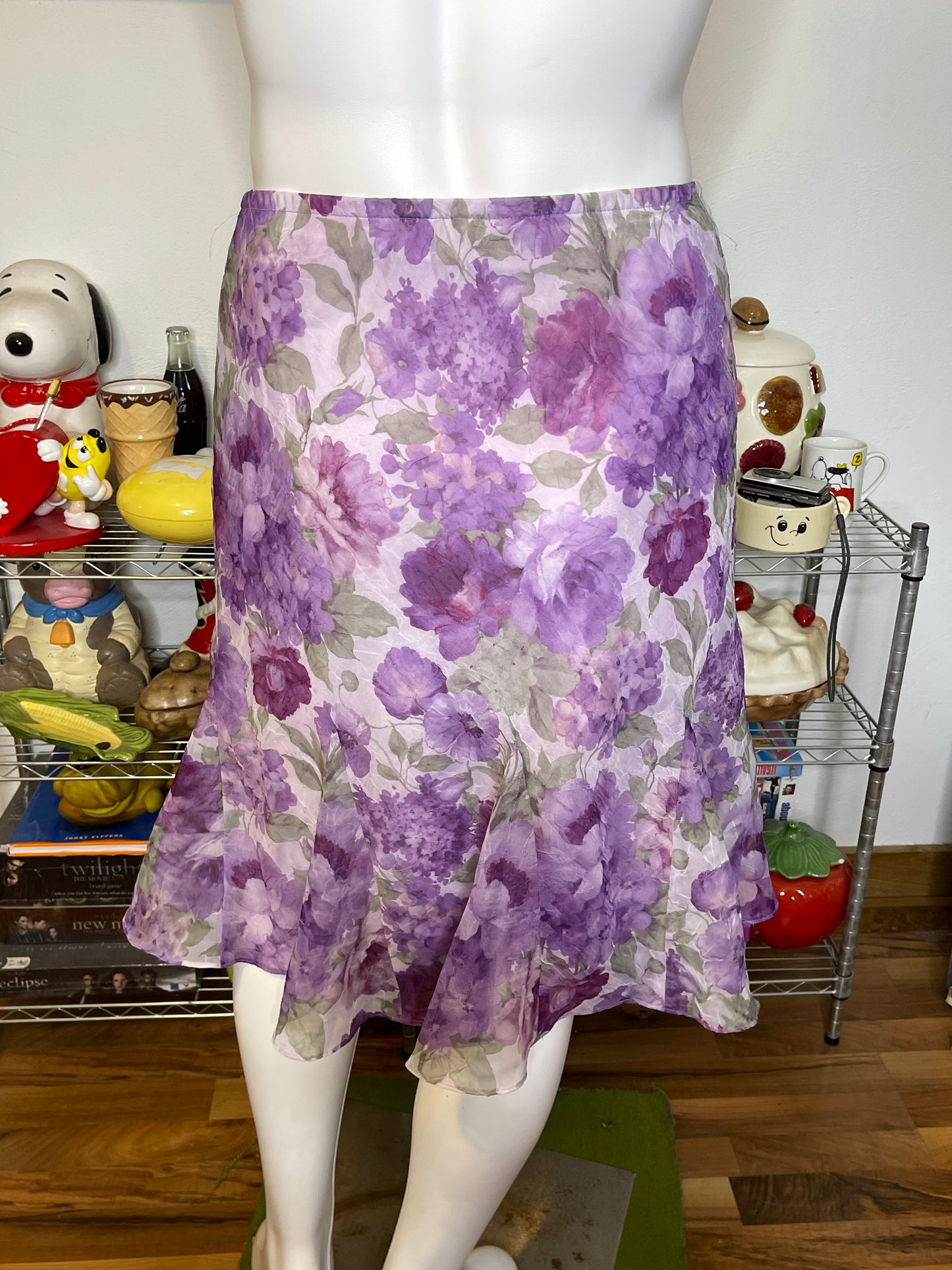 Vintage Purple Crinkly Sheer Floral Midi Skirt Sz 14 XL