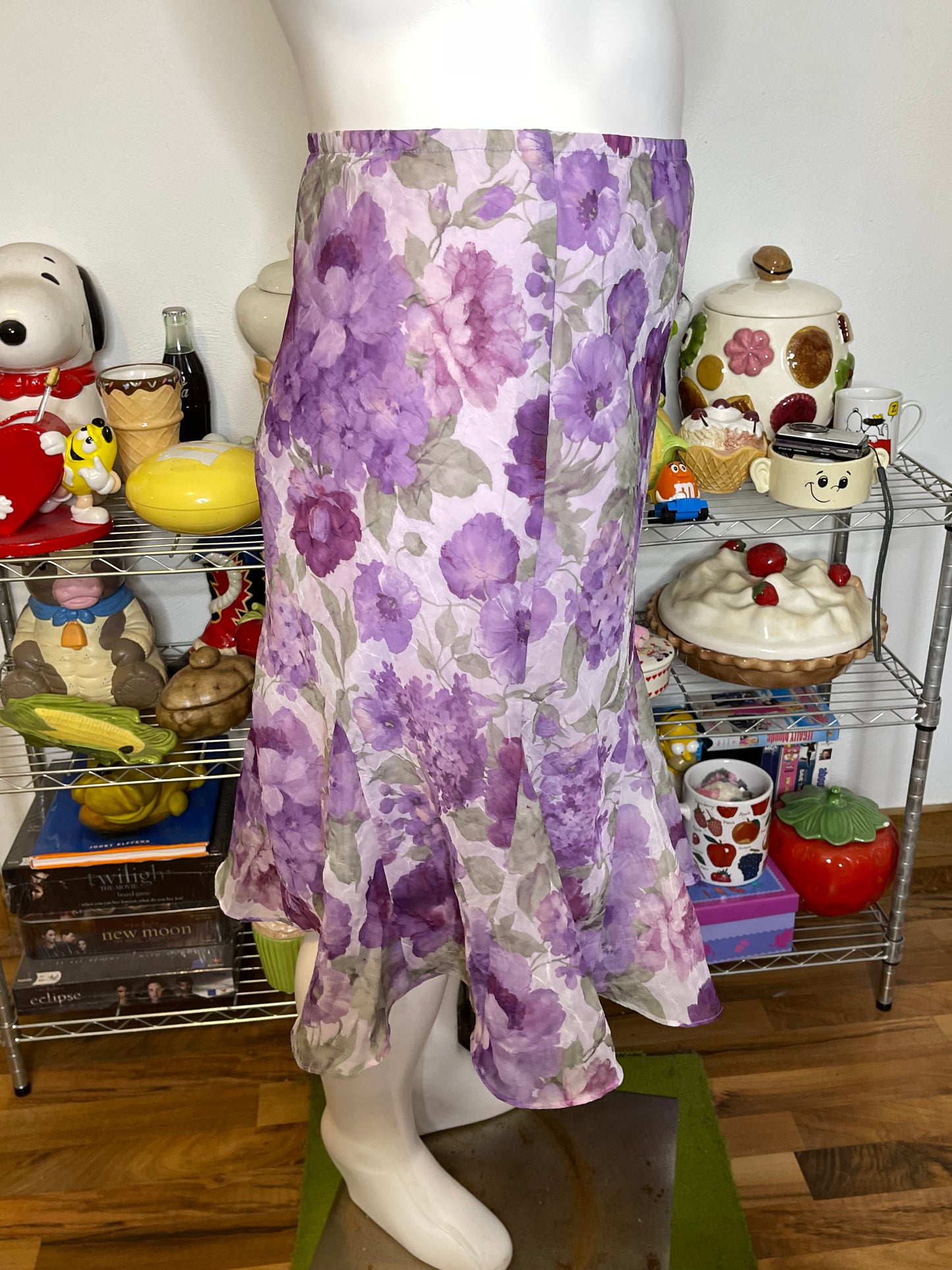 Vintage Purple Crinkly Sheer Floral Midi Skirt Sz 14 XL