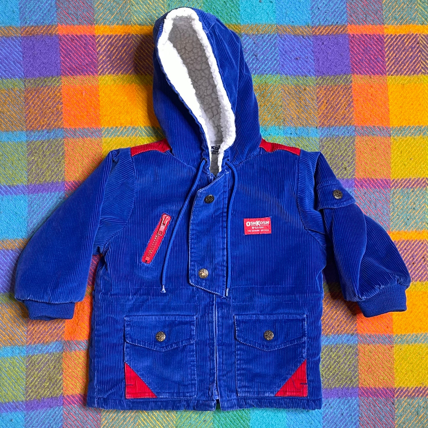 Vintage Oshkosh B'Gosh Blue Red Corduroy Sherpa Lined Hooded Kids Jacket Size 2T