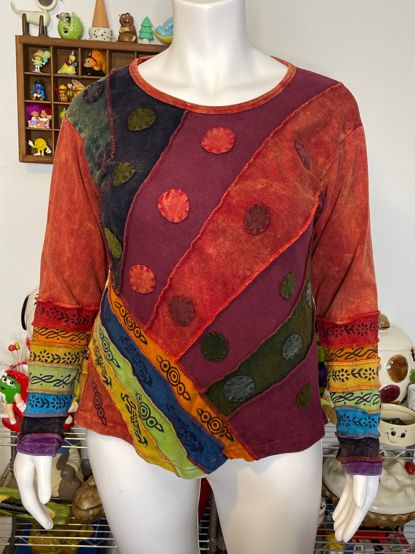 Rainbow Boho Flower Patchwork Style Long Sleeve Sz XXL