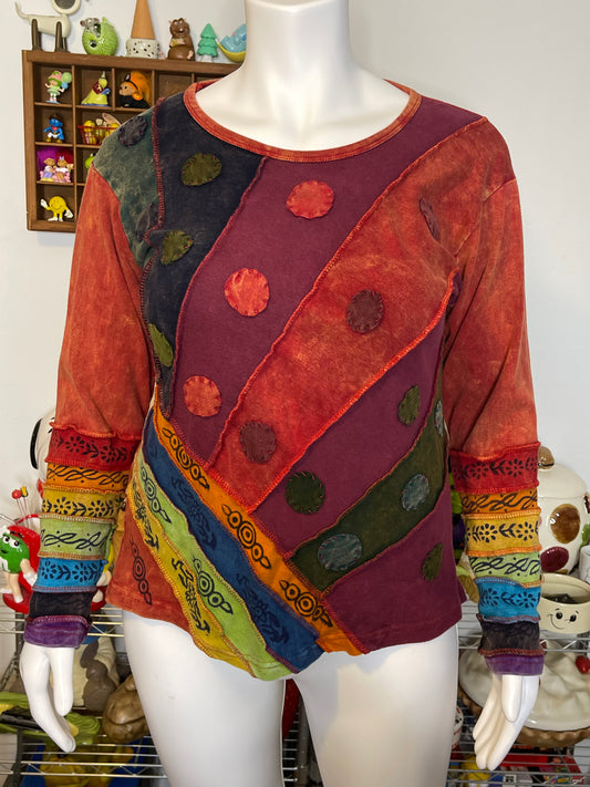Rainbow Boho Flower Patchwork Style Long Sleeve Sz XXL