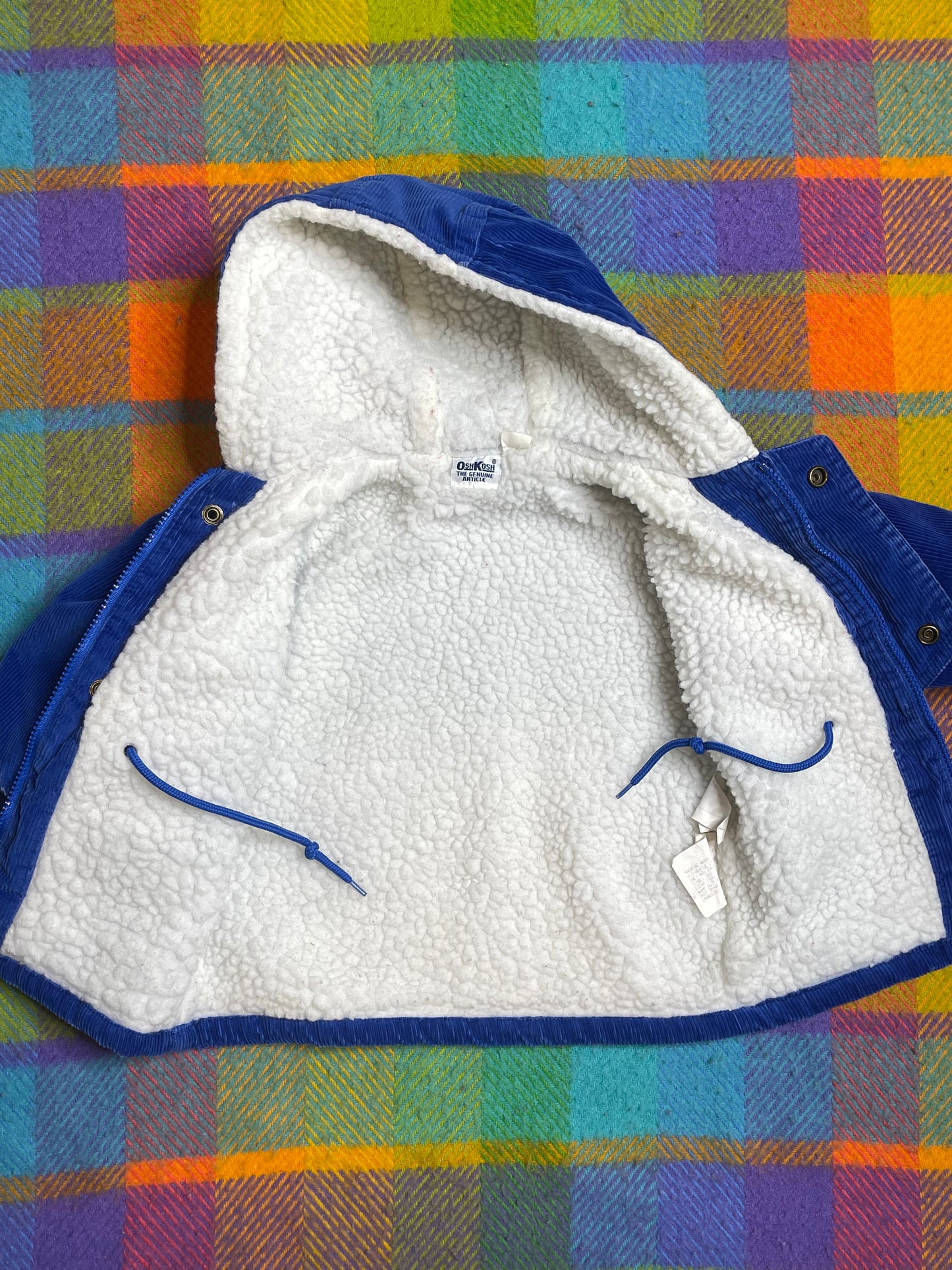 Vintage Oshkosh B'Gosh Blue Red Corduroy Sherpa Lined Hooded Kids Jacket Size 2T