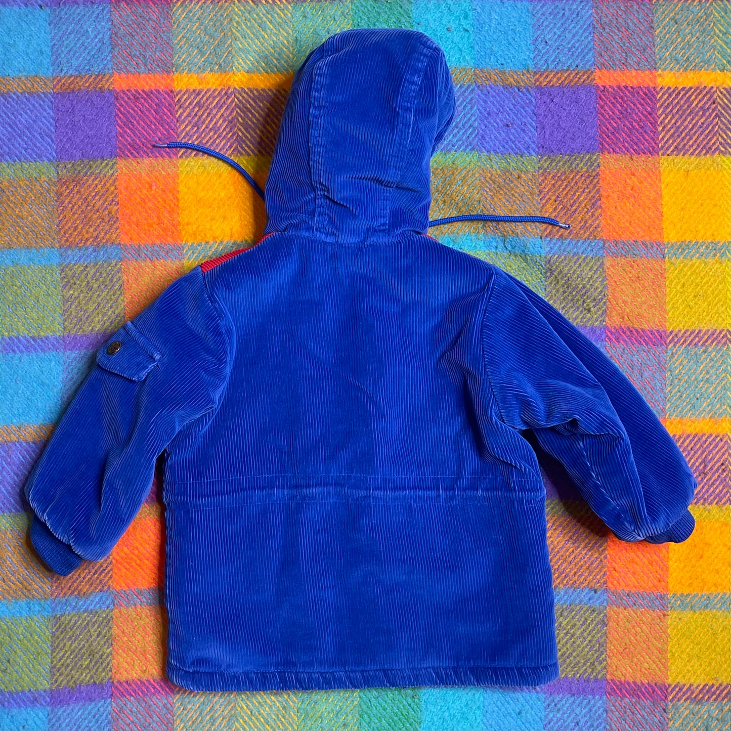 Vintage Oshkosh B'Gosh Blue Red Corduroy Sherpa Lined Hooded Kids Jacket Size 2T