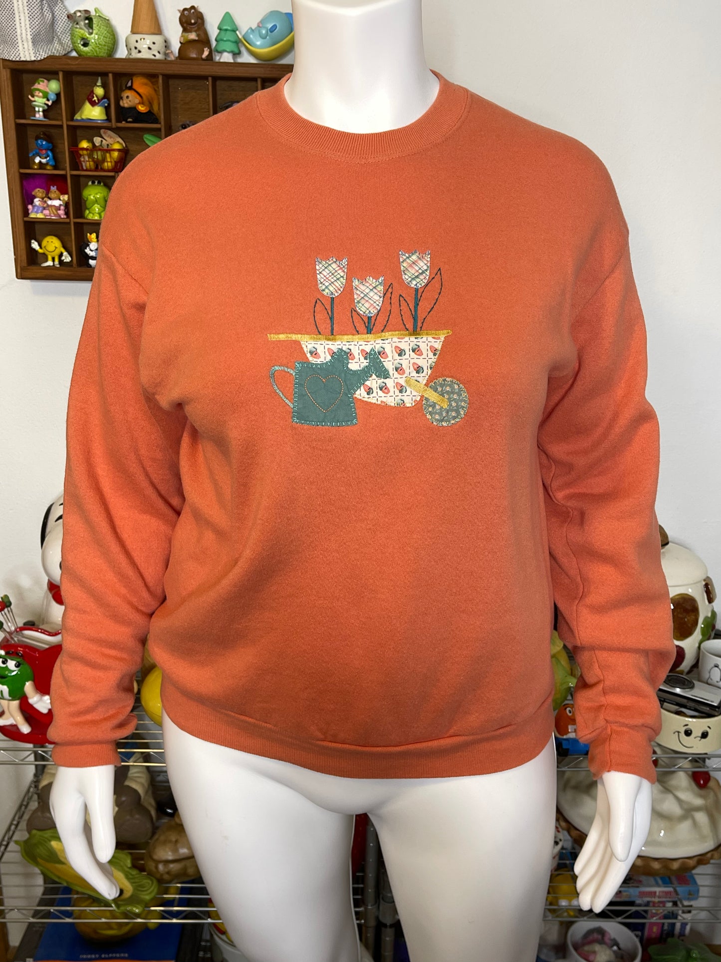 Vintage Peachy Spring Garden Tulip Patchwork Crewneck Sweater Sz L