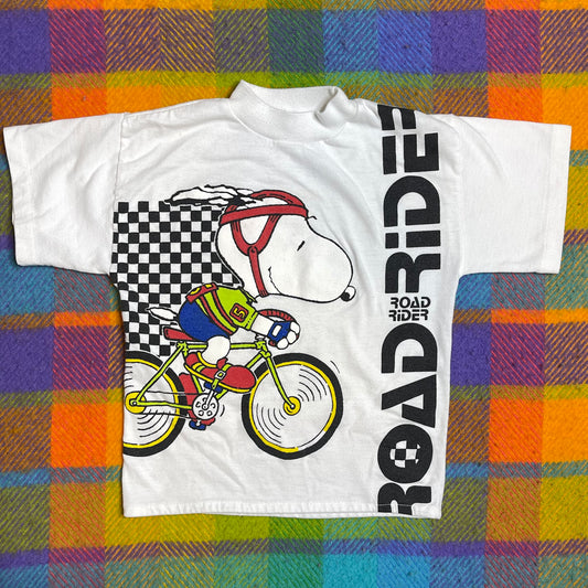 Vintage White Road Rider Snoopy Bicycle Kids Tee Sz 6
