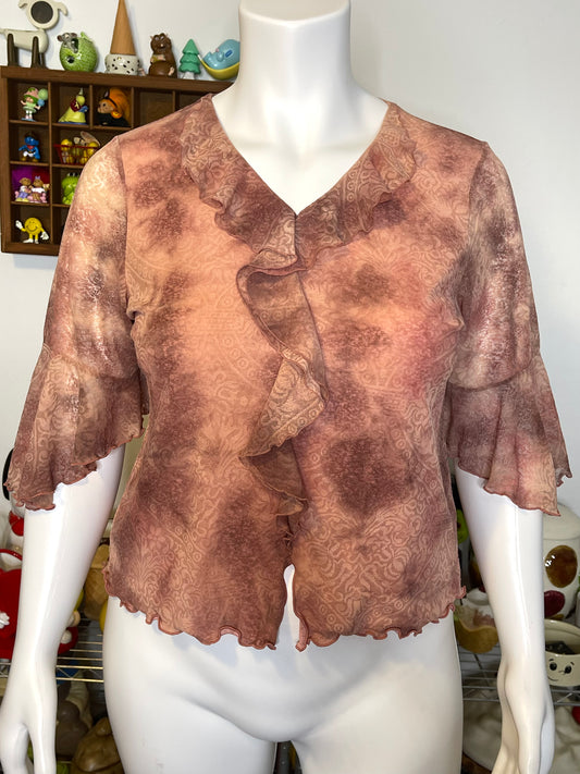 2000s Peachy Tie-Dye Ruffle Mirco Mesh Top Sz 14/16W