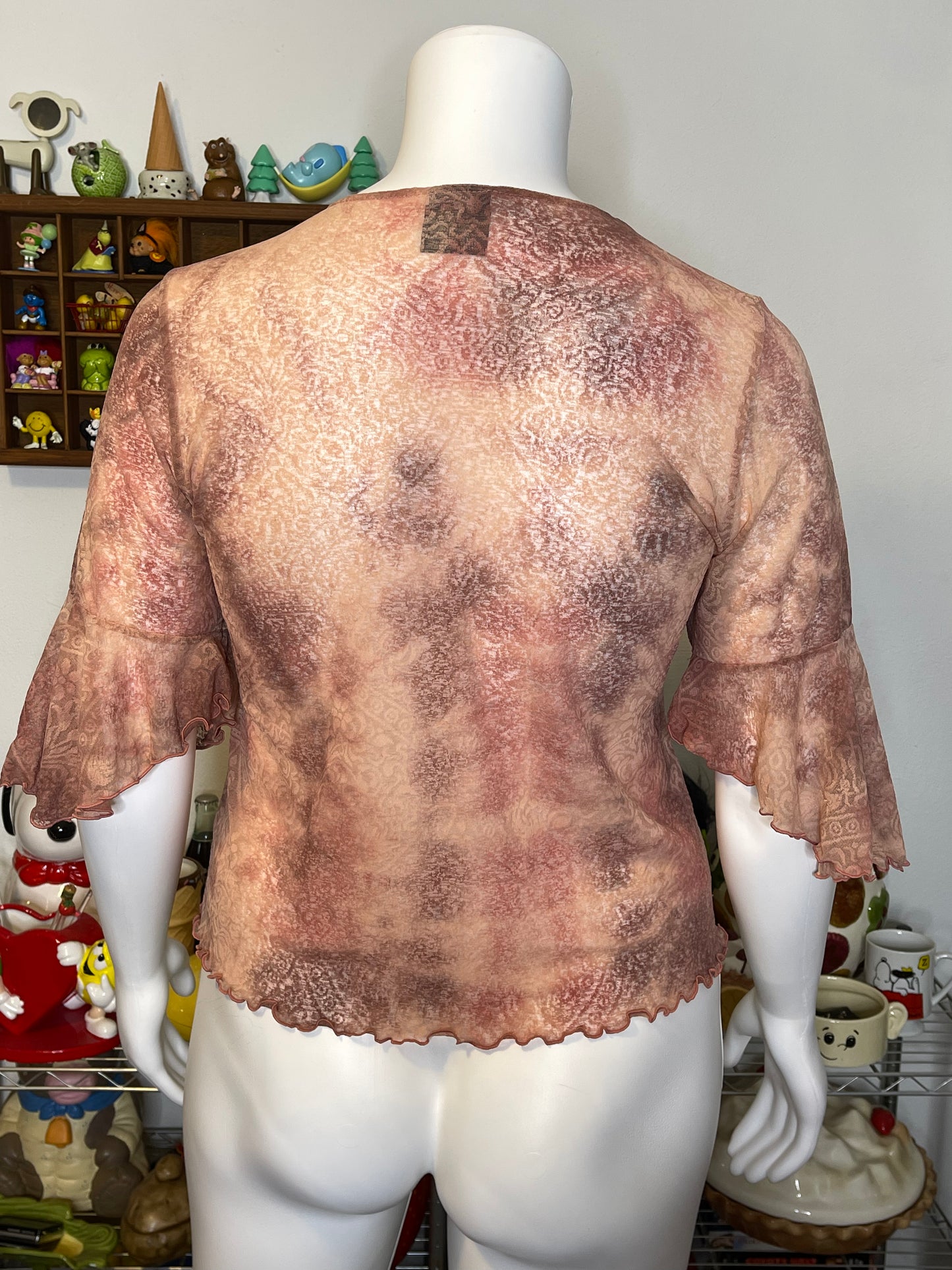 2000s Peachy Tie-Dye Ruffle Mirco Mesh Top Sz 14/16W