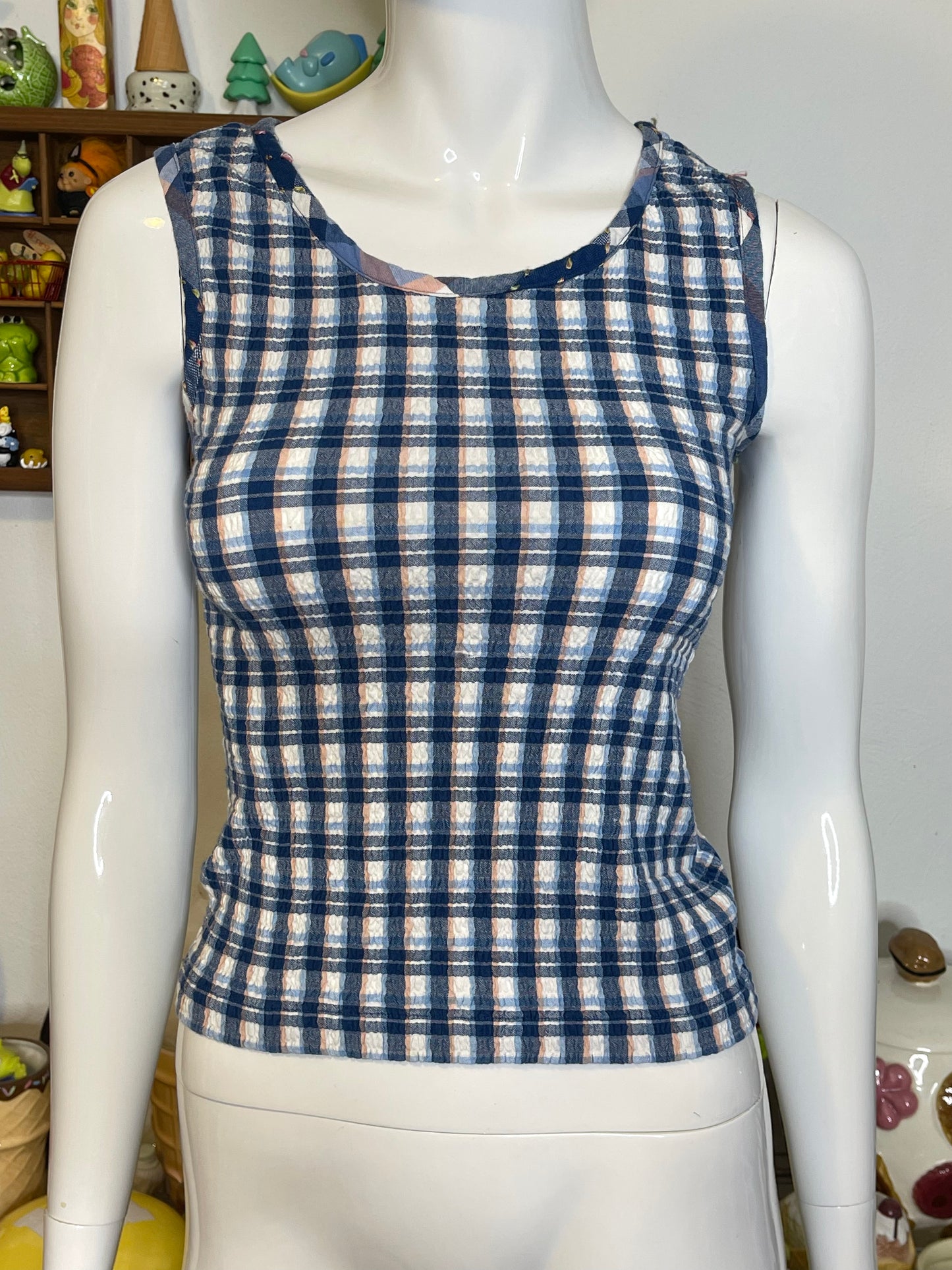 2000s Blue & Peach Plaid Stretchy Tank Top Sz S/P