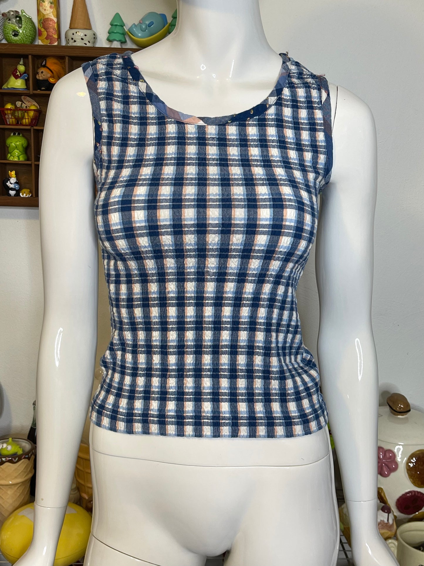 2000s Blue & Peach Plaid Stretchy Tank Top Sz S/P