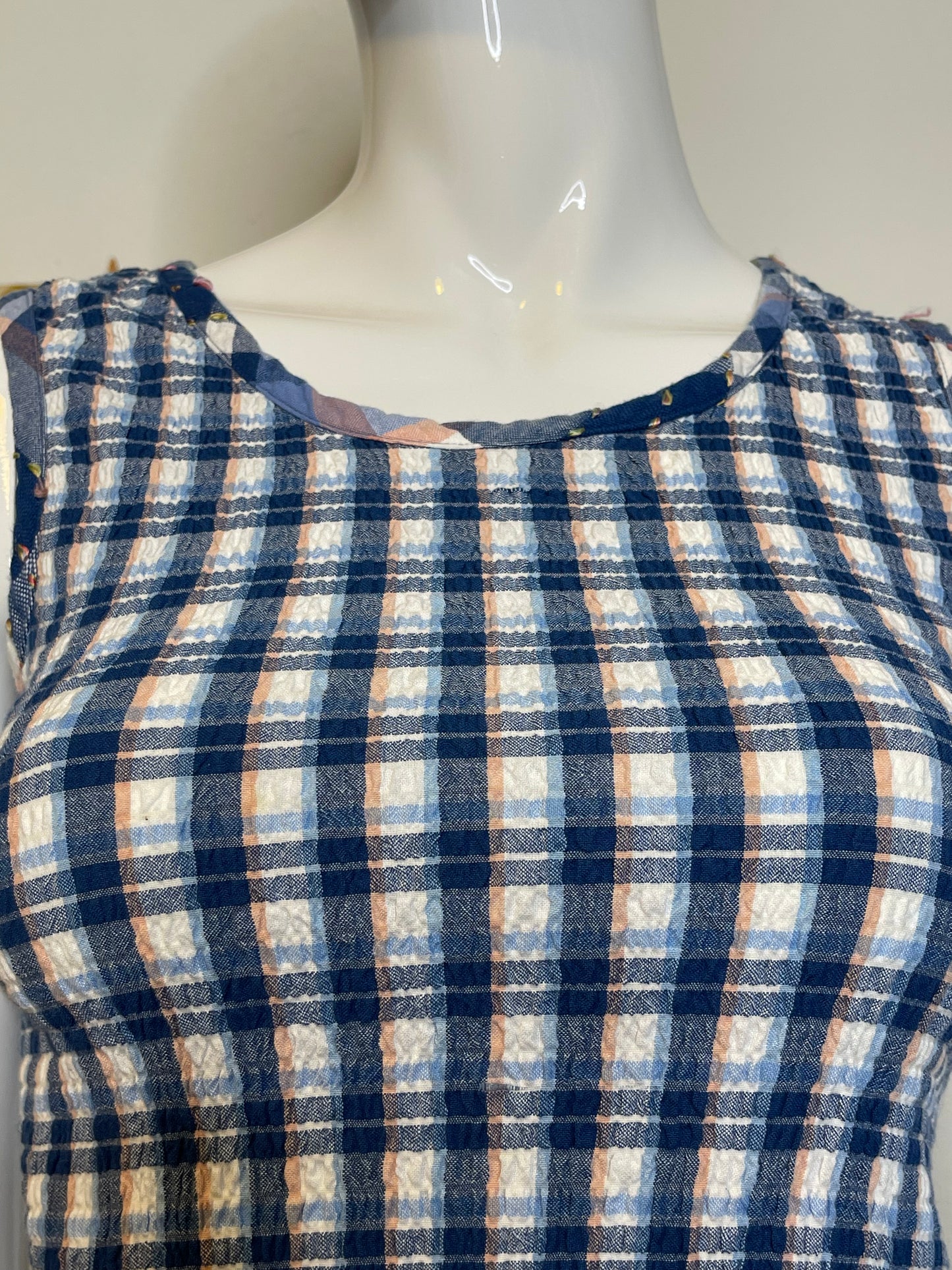 2000s Blue & Peach Plaid Stretchy Tank Top Sz S/P