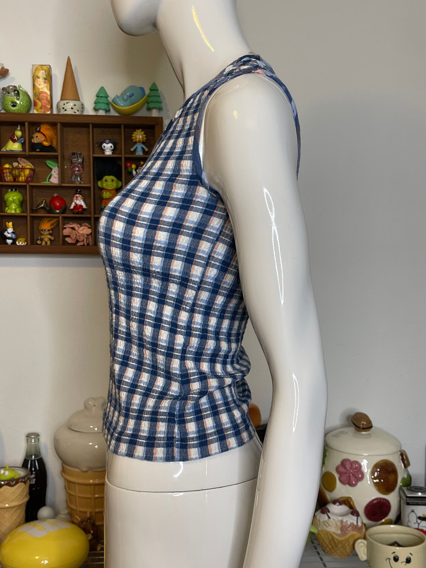 2000s Blue & Peach Plaid Stretchy Tank Top Sz S/P