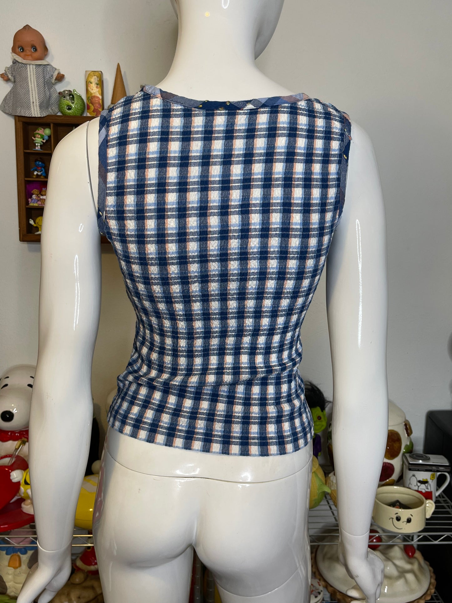 2000s Blue & Peach Plaid Stretchy Tank Top Sz S/P