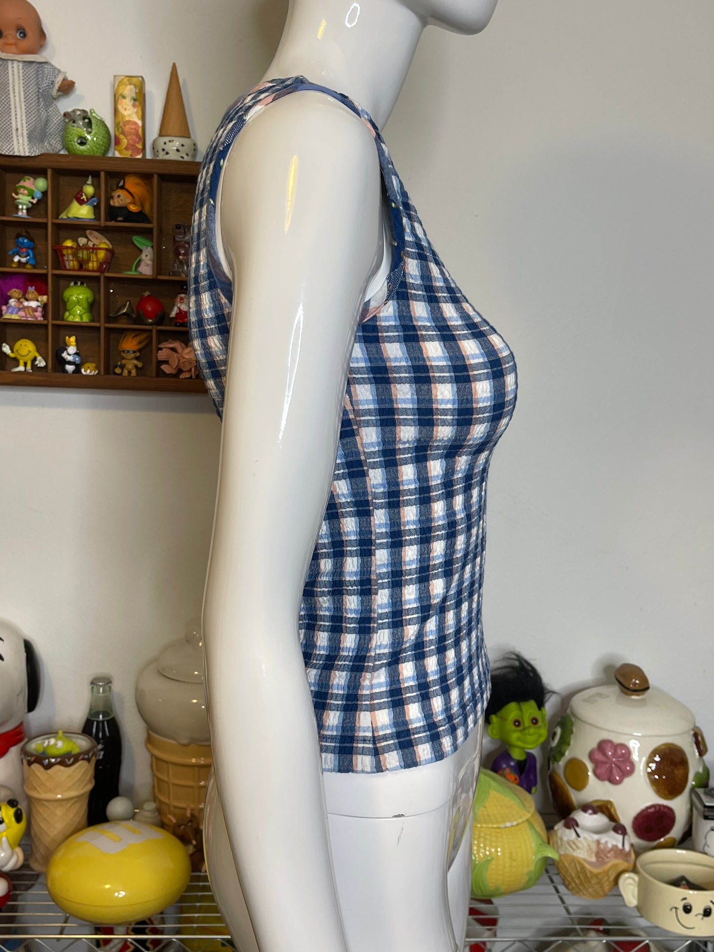 2000s Blue & Peach Plaid Stretchy Tank Top Sz S/P