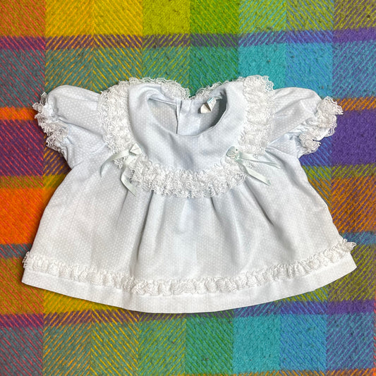 Vintage Baby Blue Polka Dot Lace Rose Bud Baby Dress Sz 6-9M
