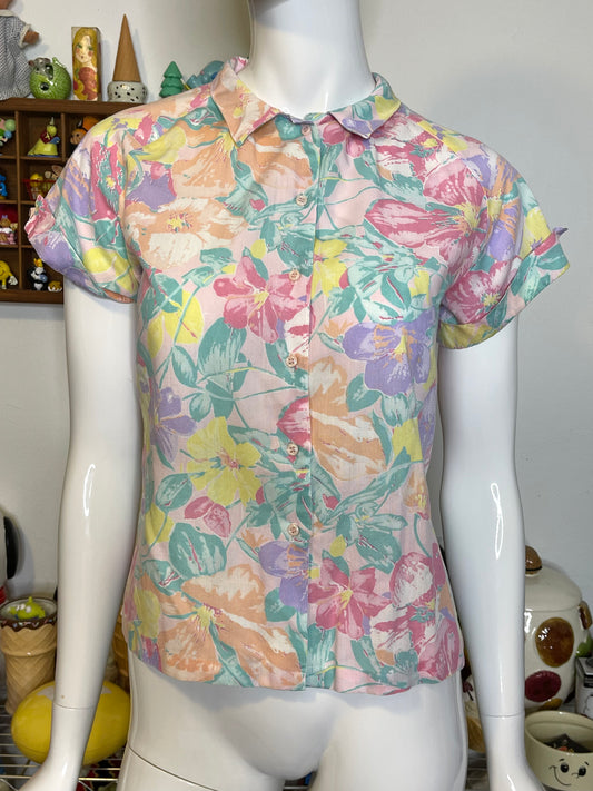 Vintage Pastel Floral Print Collared Button Up Blouse Sz S/M