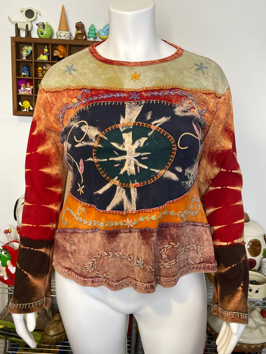 Plus Size Colorful Patchwork Embroidered Long Sleeve Sz XXL