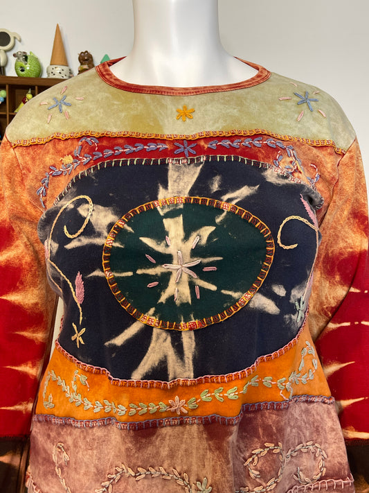 Plus Size Colorful Patchwork Embroidered Long Sleeve Sz XXL