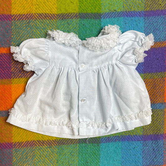 Vintage Baby Blue Polka Dot Lace Rose Bud Baby Dress Sz 6-9M