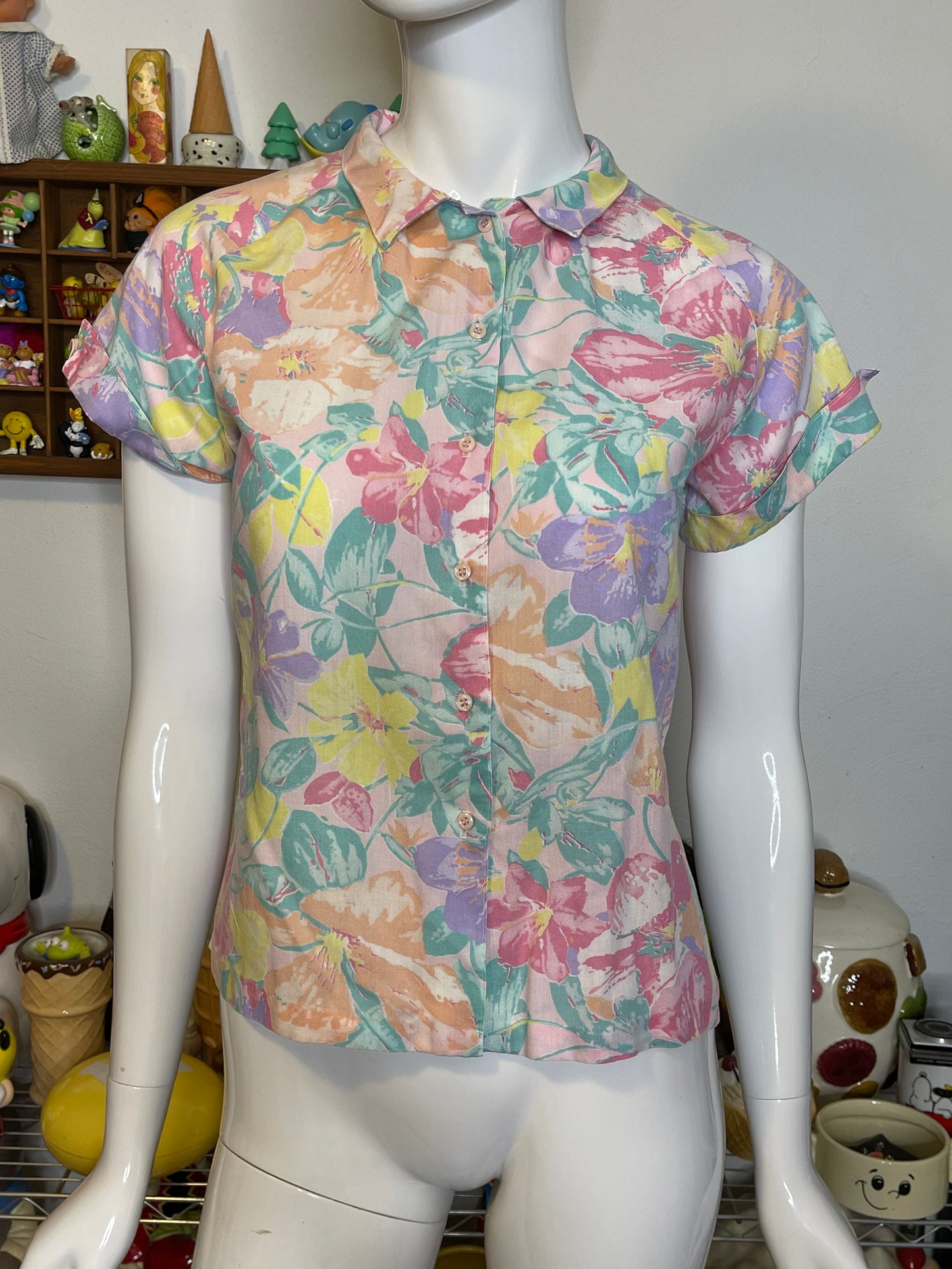 Vintage Pastel Floral Print Collared Button Up Blouse Sz S/M