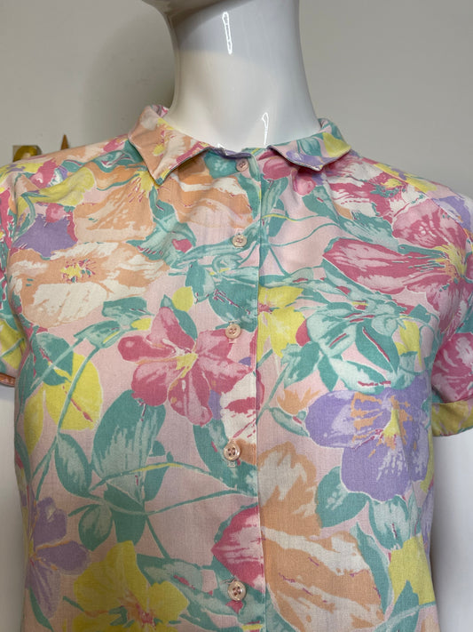 Vintage Pastel Floral Print Collared Button Up Blouse Sz S/M