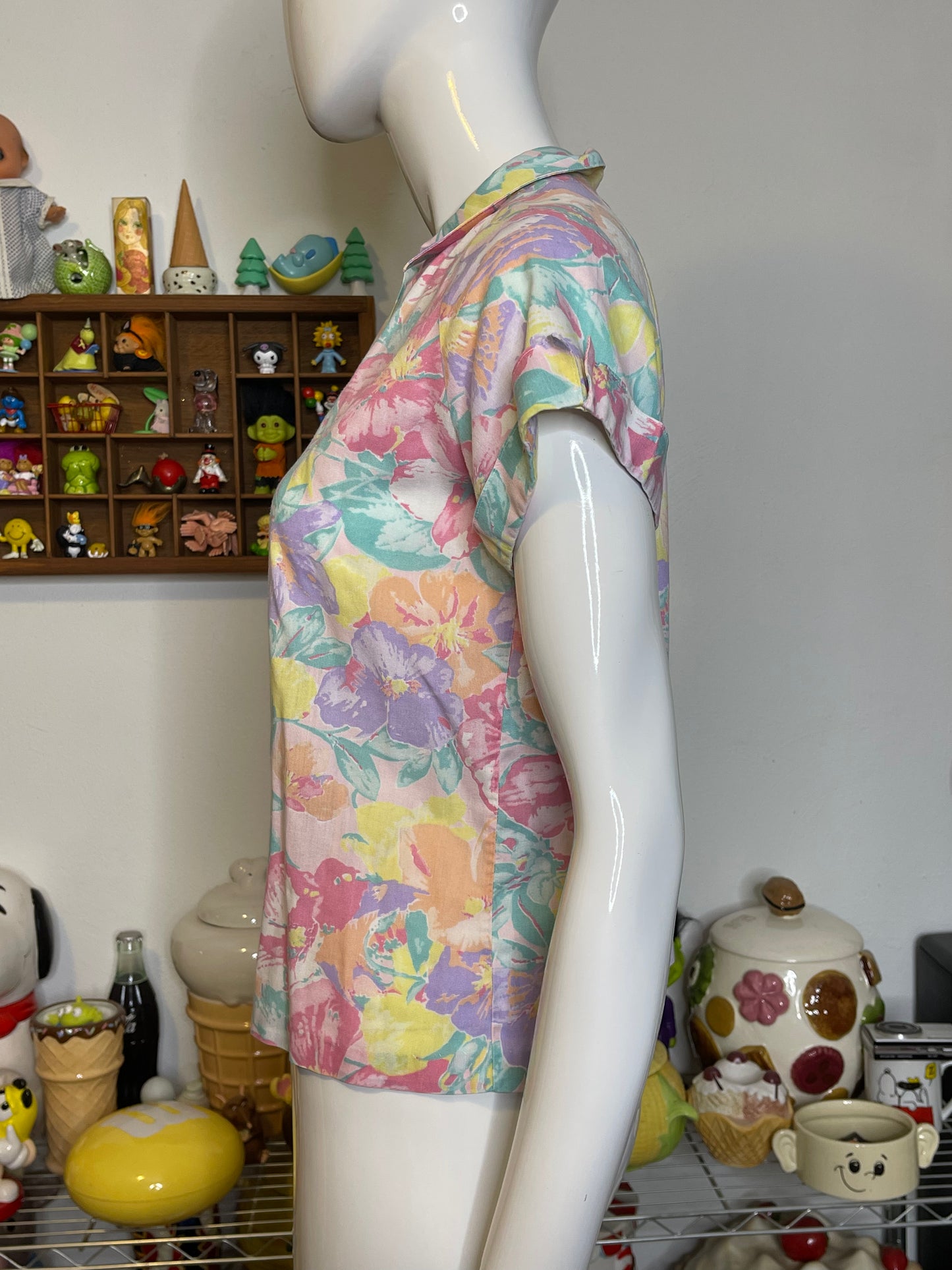 Vintage Pastel Floral Print Collared Button Up Blouse Sz S/M