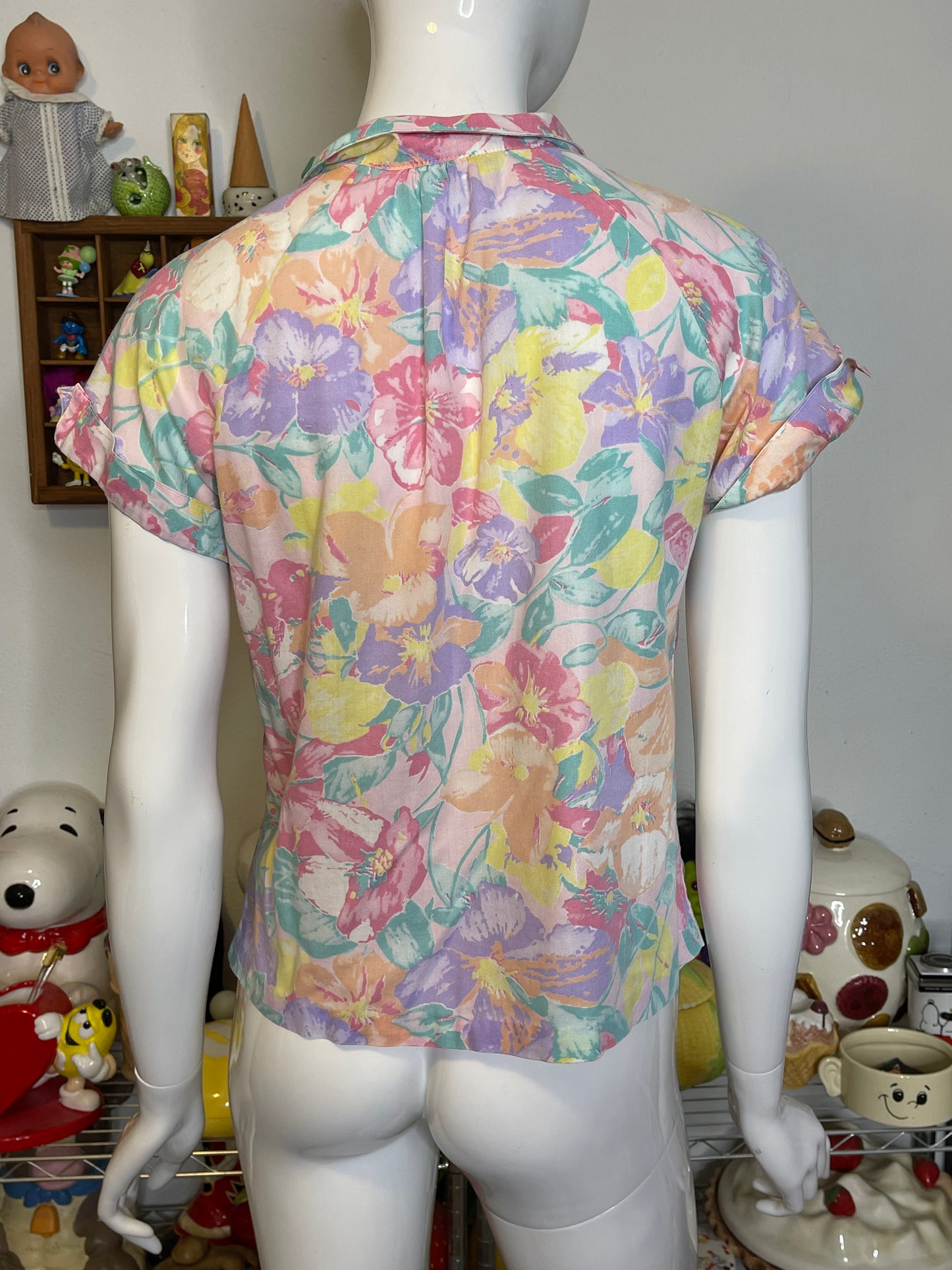 Vintage Pastel Floral Print Collared Button Up Blouse Sz S/M