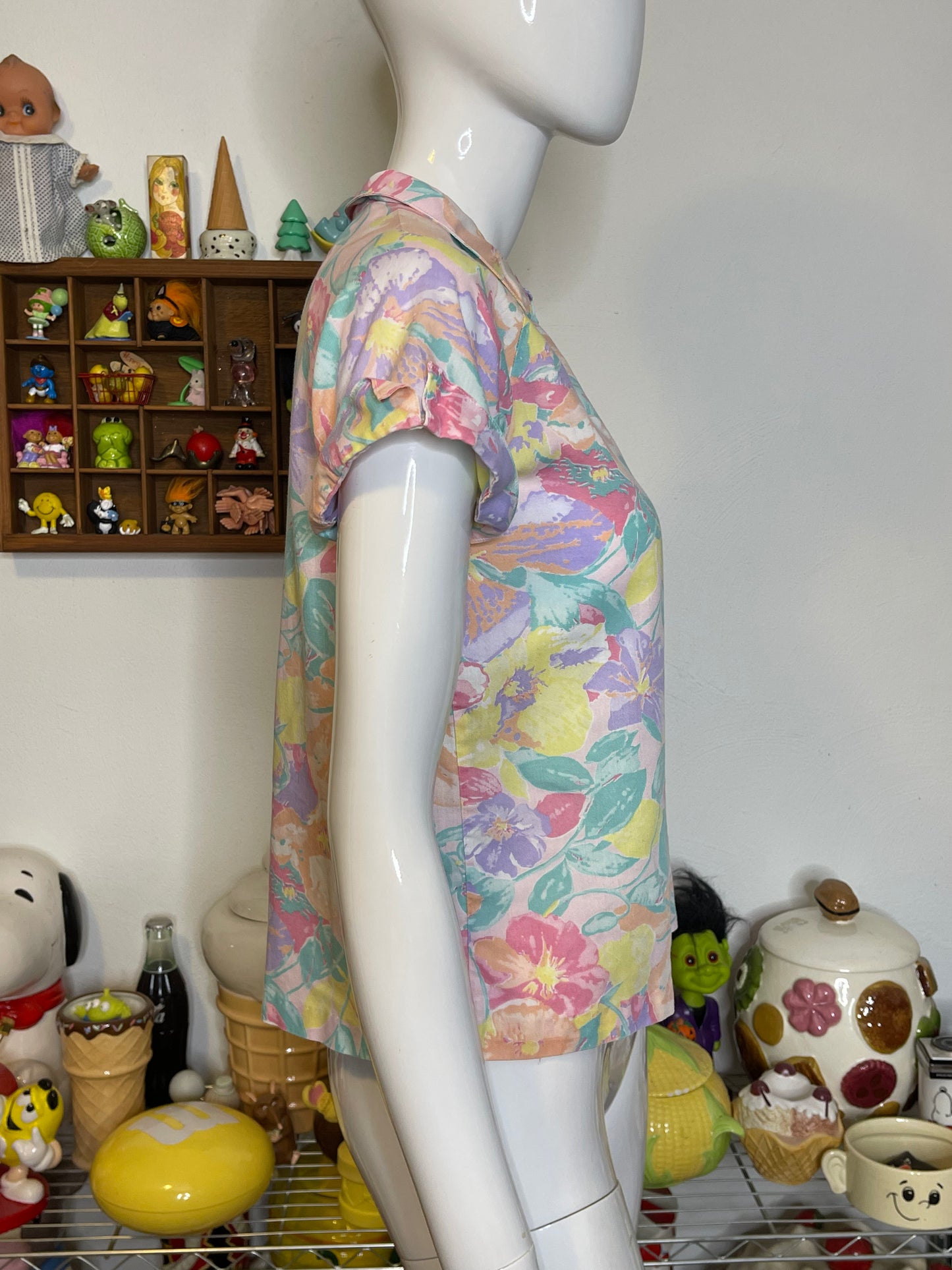 Vintage Pastel Floral Print Collared Button Up Blouse Sz S/M