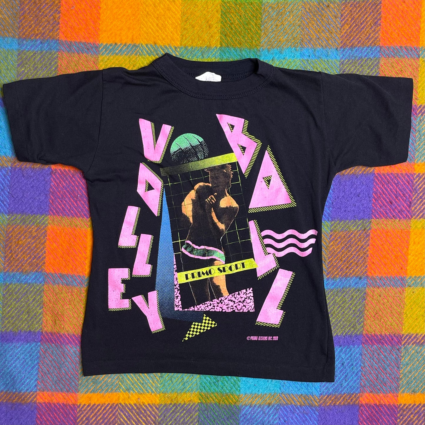 Vintage 90s Neon Volleyball Primo Sport Kids Tee Sz S (8)