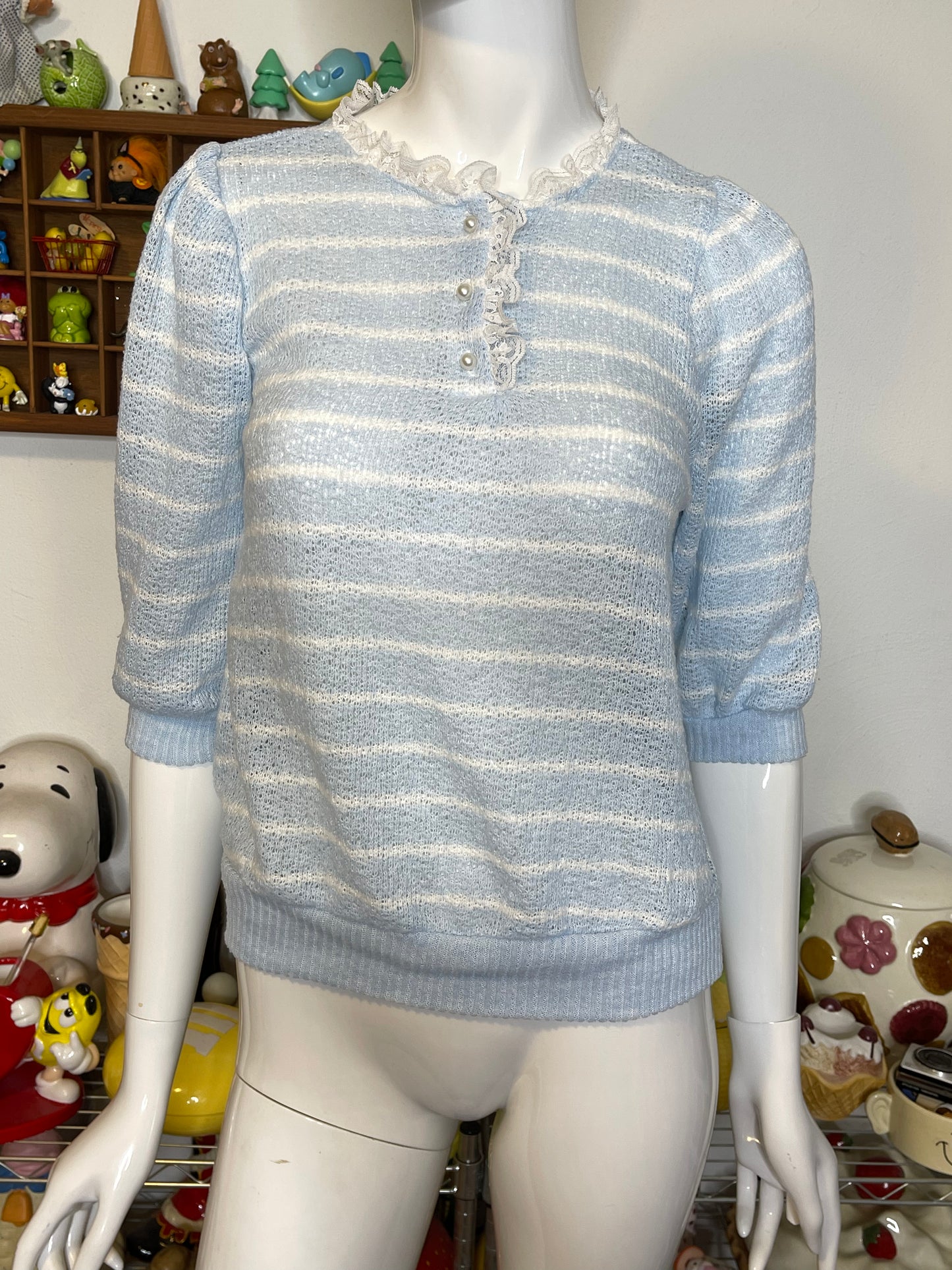Vintage Baby Blue Striped Lace Trim Top Sz S