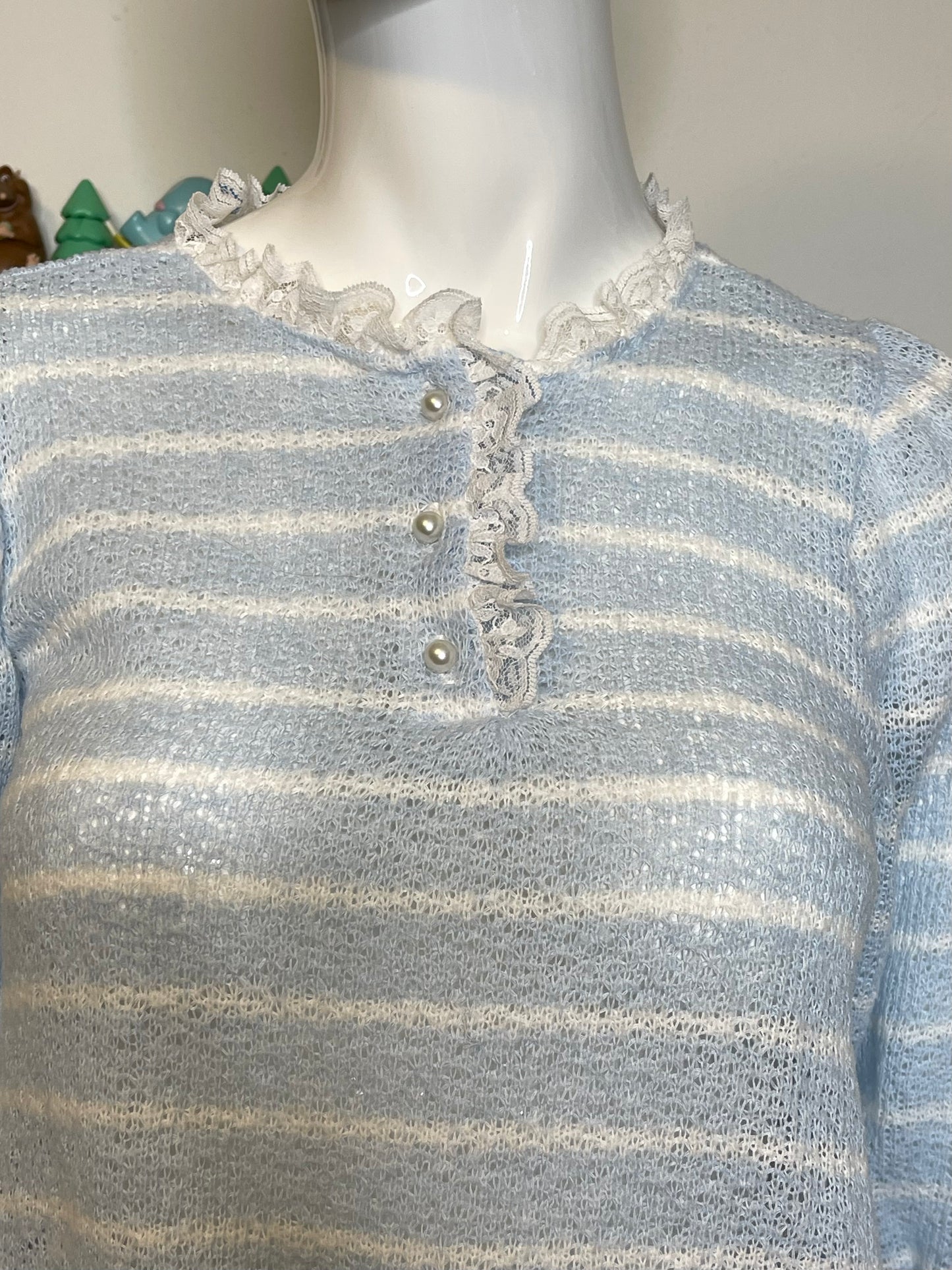 Vintage Baby Blue Striped Lace Trim Top Sz S