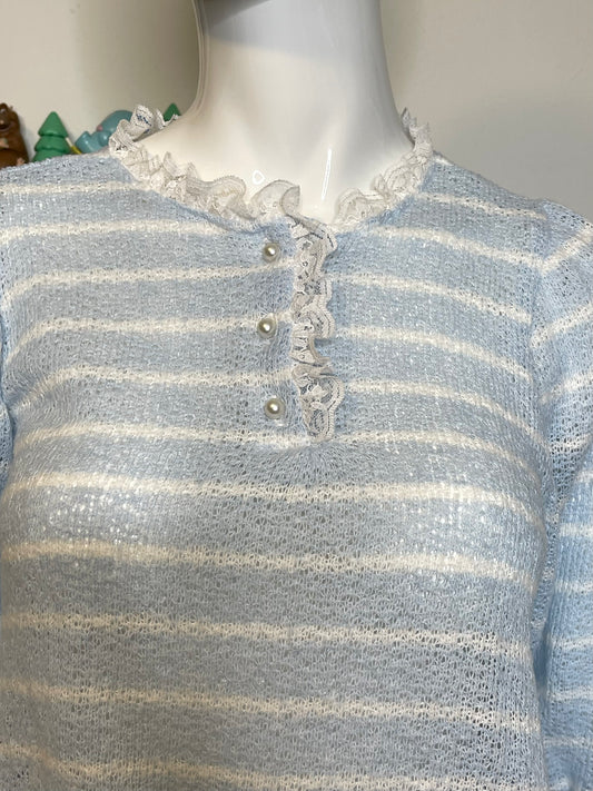 Vintage Baby Blue Striped Lace Trim Top Sz S