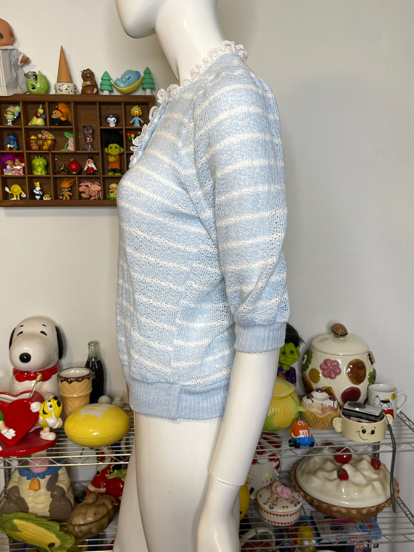 Vintage Baby Blue Striped Lace Trim Top Sz S