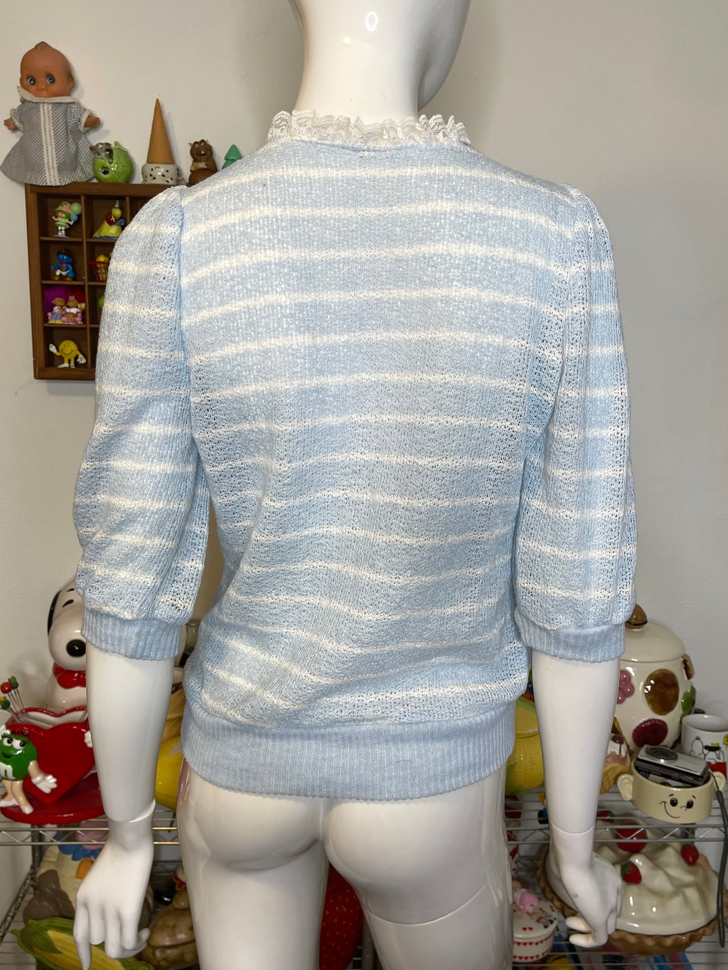 Vintage Baby Blue Striped Lace Trim Top Sz S