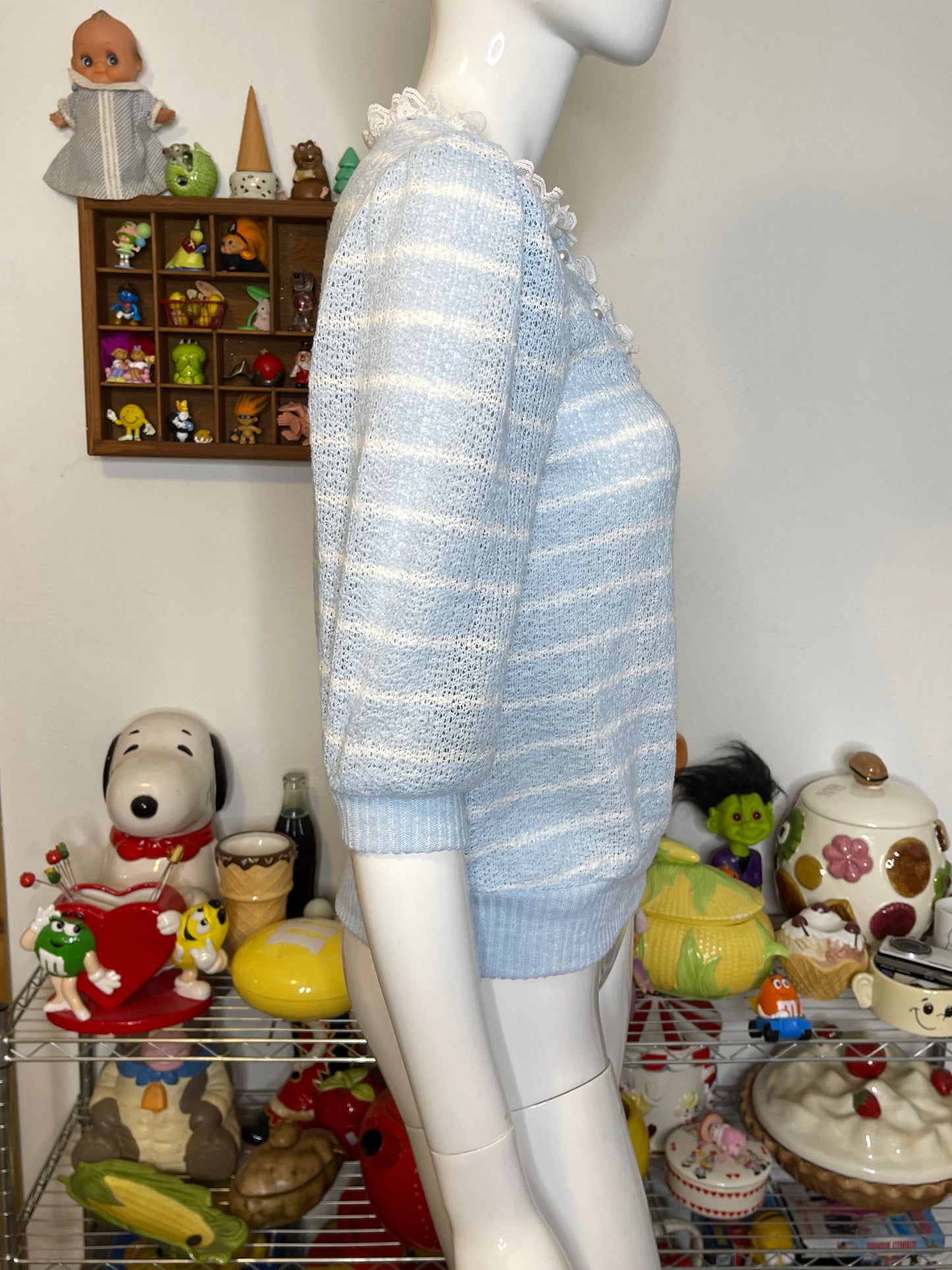 Vintage Baby Blue Striped Lace Trim Top Sz S