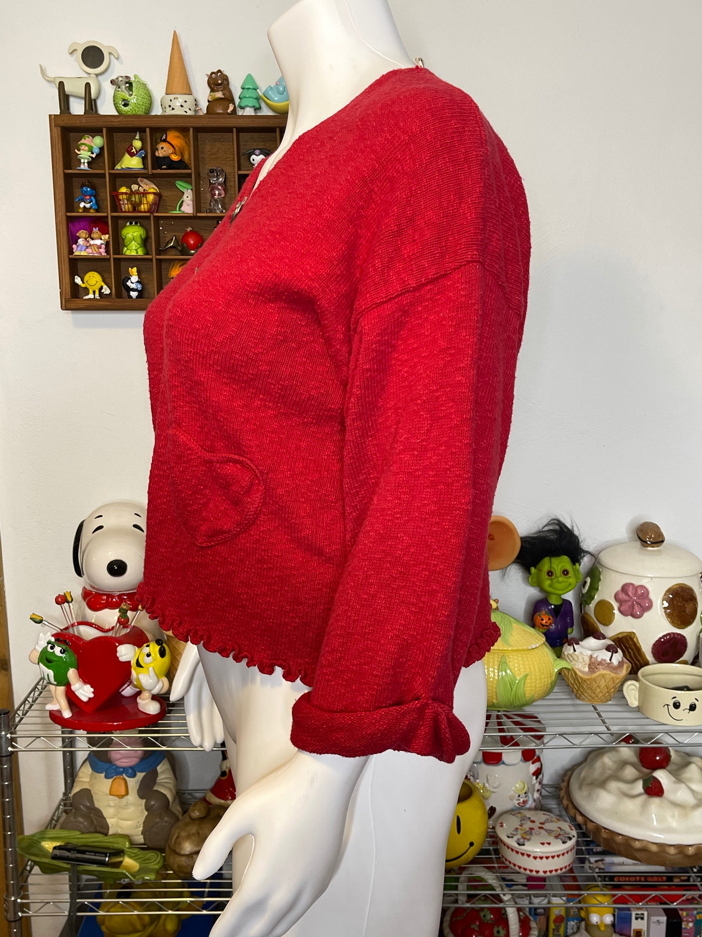 Vintage Red Heart Open Knit Cardigan Cape 3/4 Sleeve Sz L