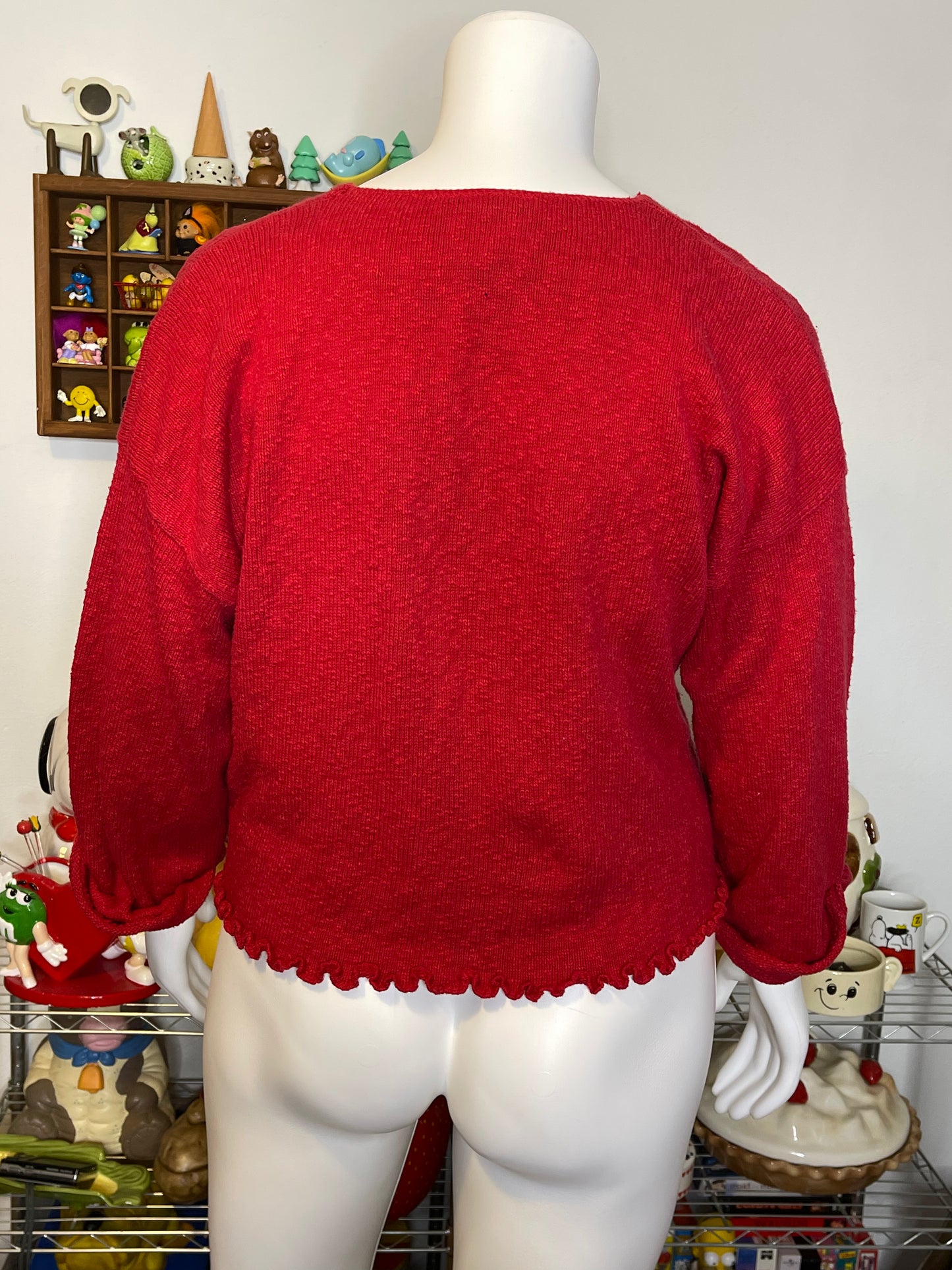 Vintage Red Heart Open Knit Cardigan Cape 3/4 Sleeve Sz L