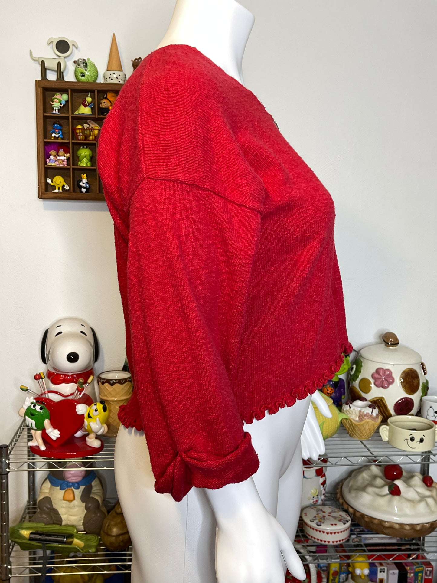 Vintage Red Heart Open Knit Cardigan Cape 3/4 Sleeve Sz L