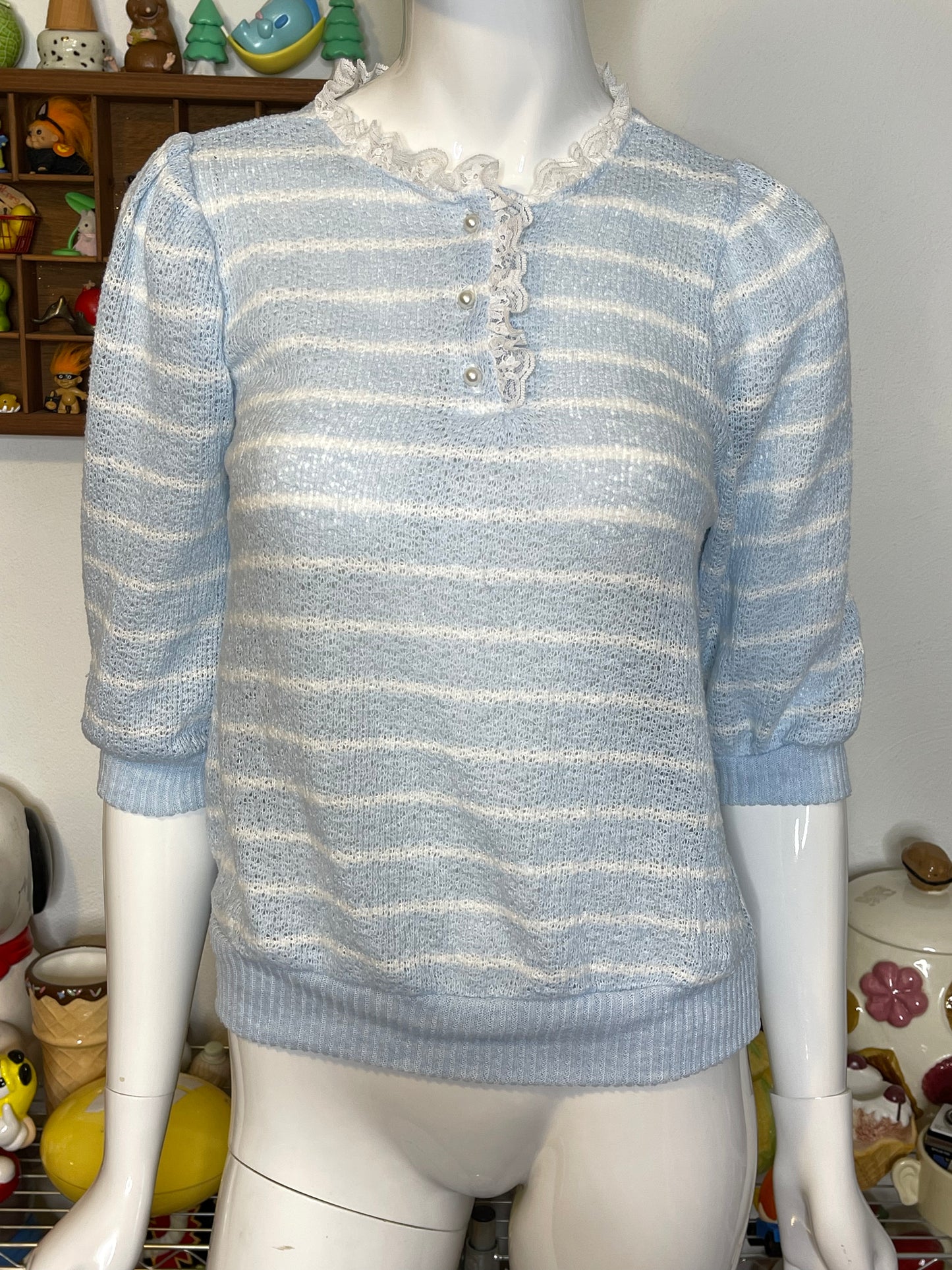 Vintage Baby Blue Striped Lace Trim Top Sz S