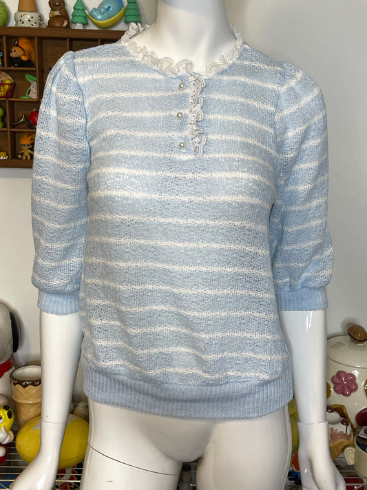 Vintage Baby Blue Striped Lace Trim Top Sz S