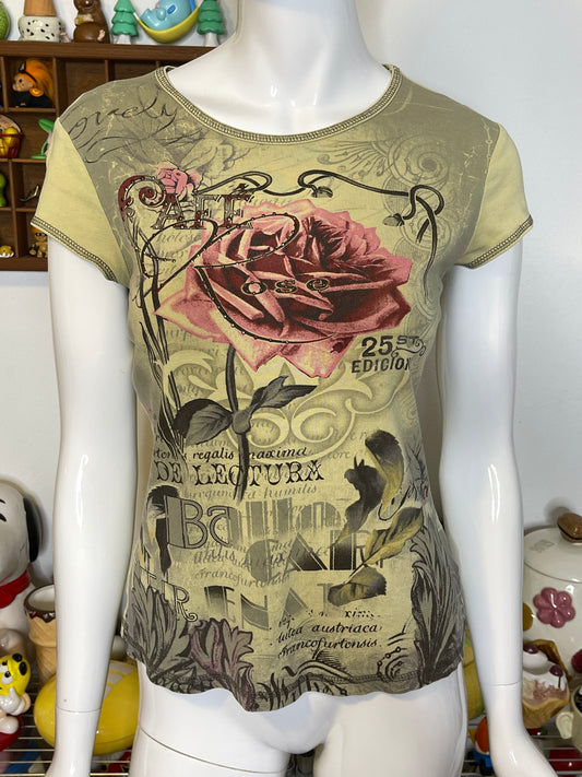 2000s Green Cafe Rose Graphic Top Sz S